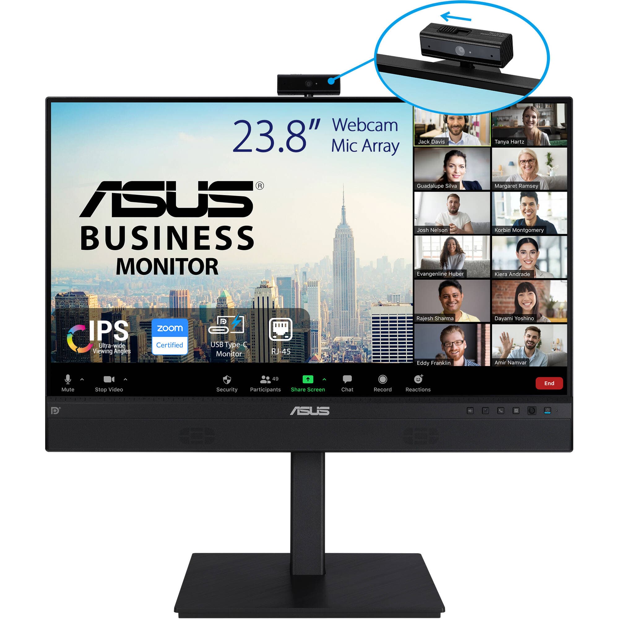 ASUS BE24ECSNK 23.8-inch Full HD IPS monitor with built-in webcam, microphone, USB-C docking, and height-adjustable stand