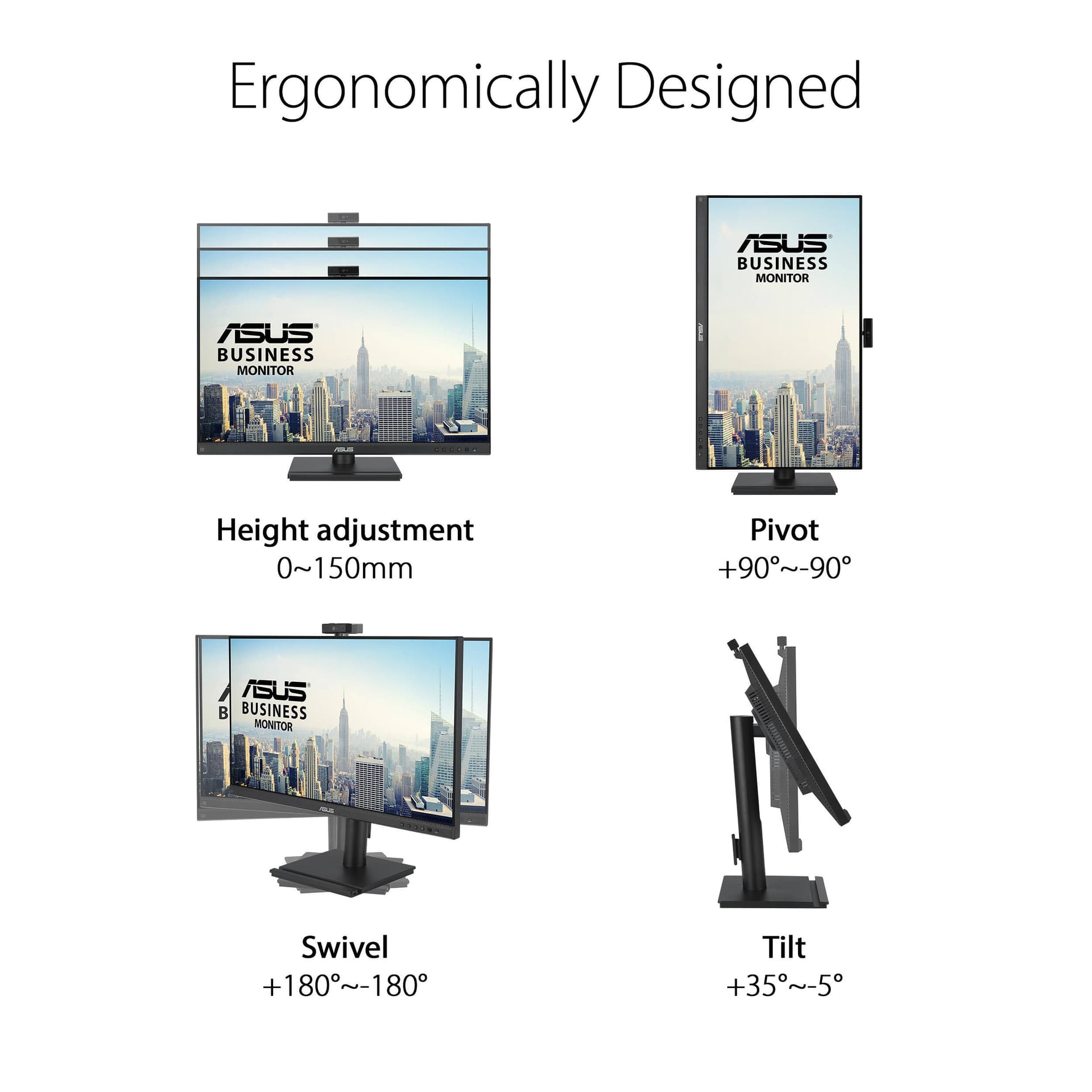 ASUS BE279QFK 27-inch Full HD IPS monitor with built-in webcam, mic array, speakers, and height-adjustable stand