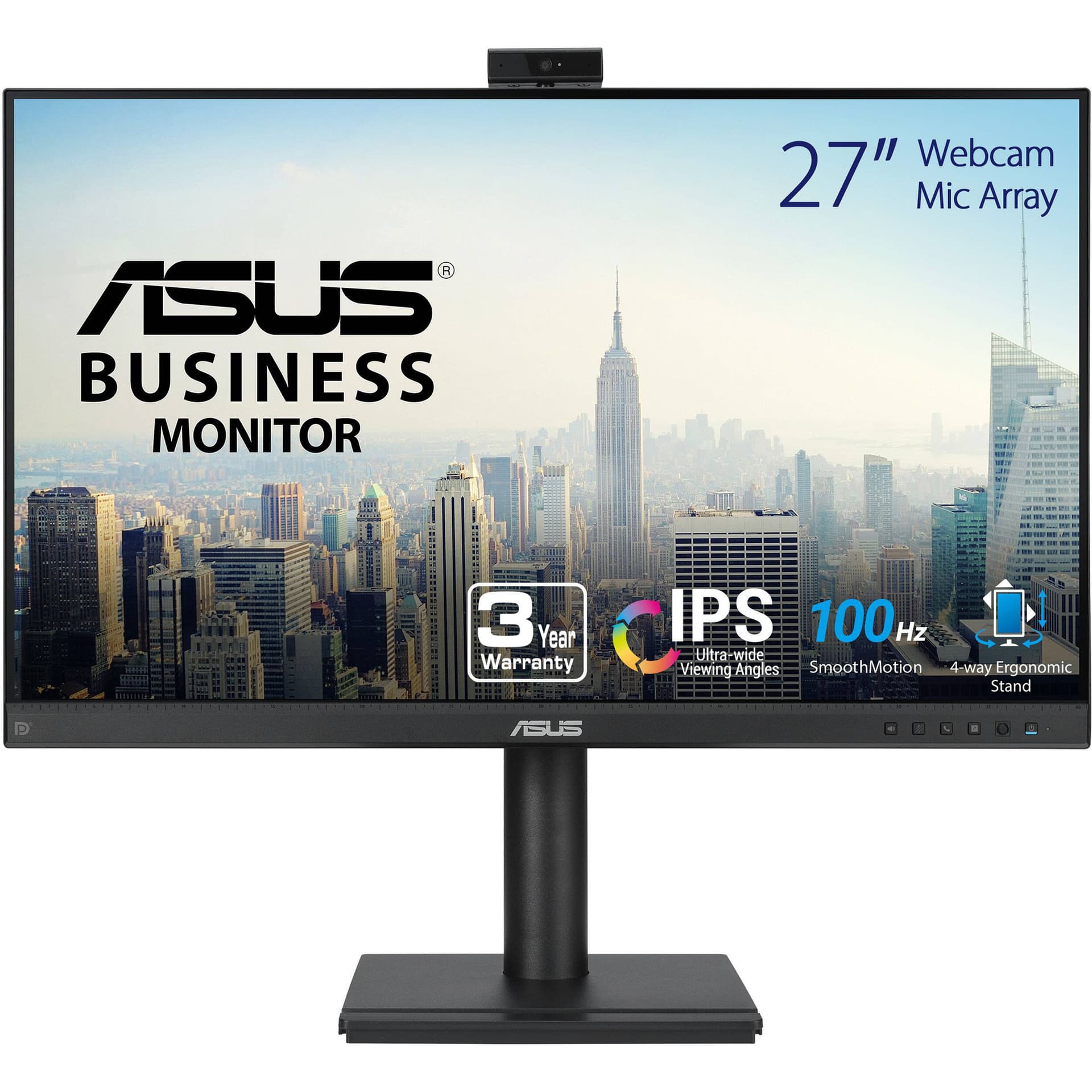 ASUS BE279QFK 27-inch Full HD IPS monitor with built-in webcam, mic array, speakers, and height-adjustable stand