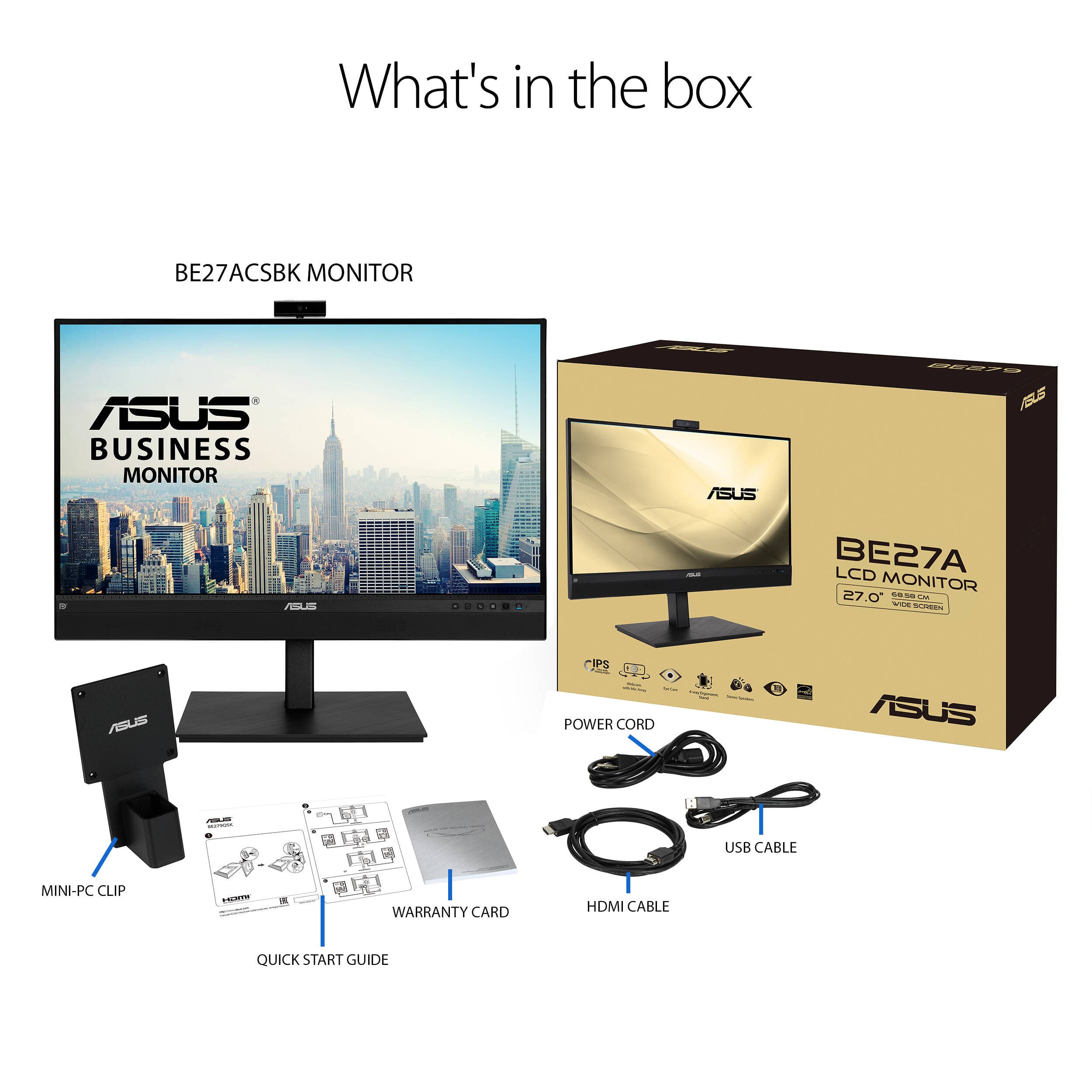ASUS BE27ACSBK 27-inch QHD IPS monitor with integrated webcam, microphone array, and stereo speakers