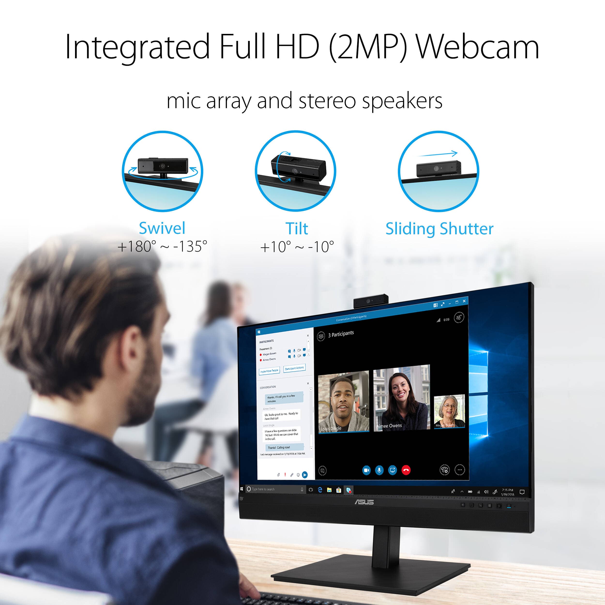 ASUS BE27ACSBK 27-inch QHD IPS monitor with integrated webcam, microphone array, and stereo speakers