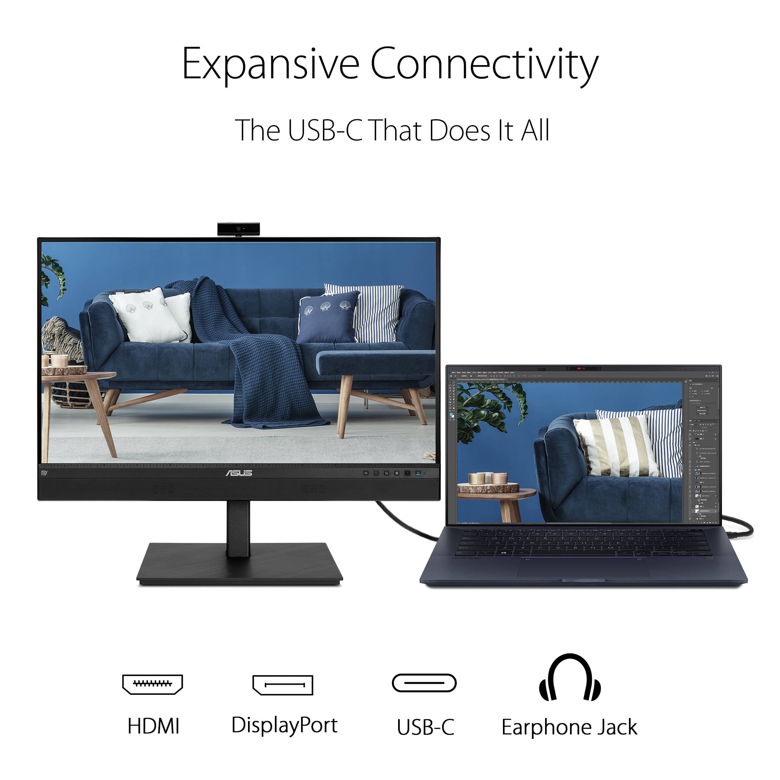 ASUS BE27ACSBK 27-inch QHD IPS monitor with integrated webcam, microphone array, and stereo speakers