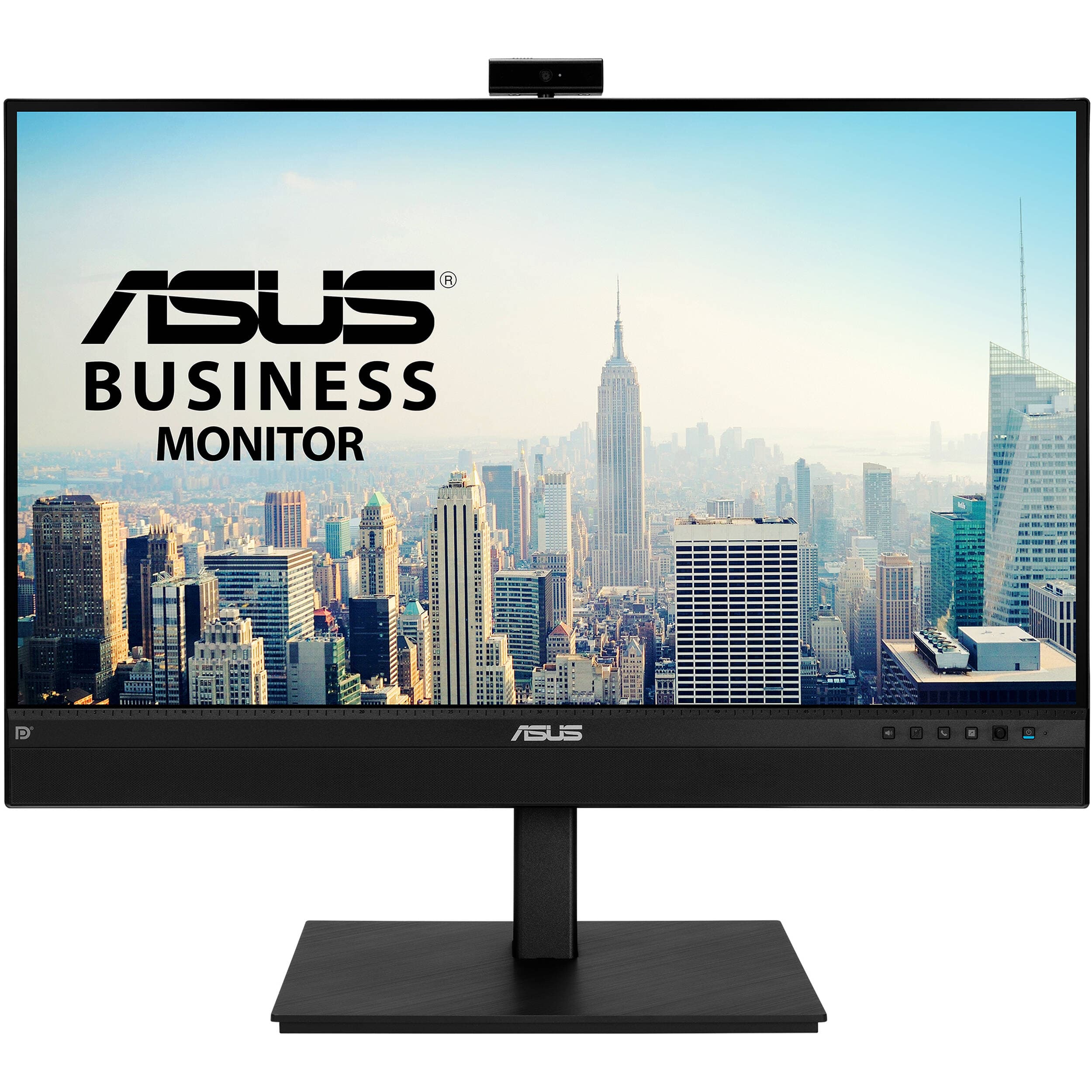 ASUS BE27ACSBK 27-inch QHD IPS monitor with integrated webcam, microphone array, and stereo speakers