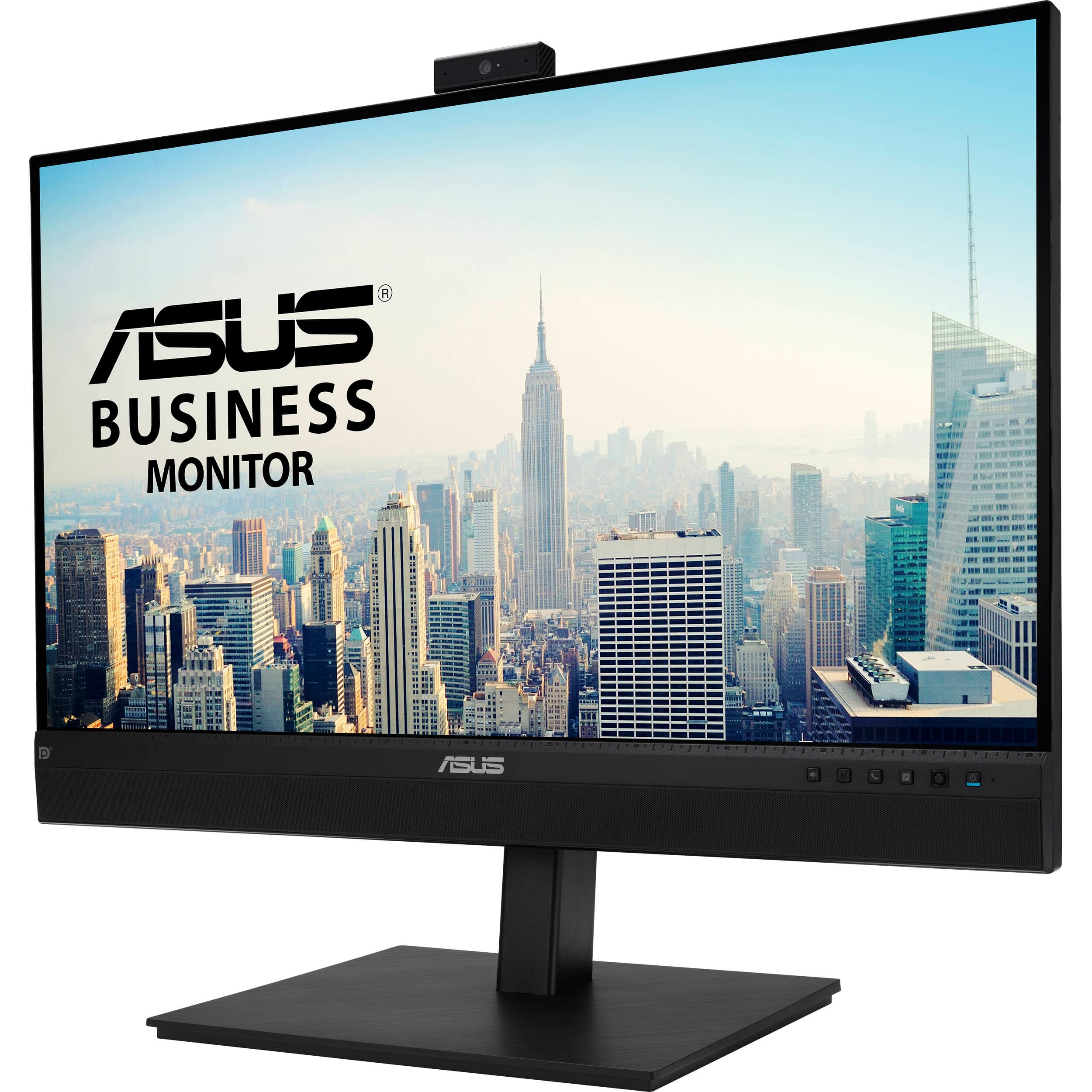 ASUS BE27ACSBK 27-inch QHD IPS monitor with integrated webcam, microphone array, and stereo speakers