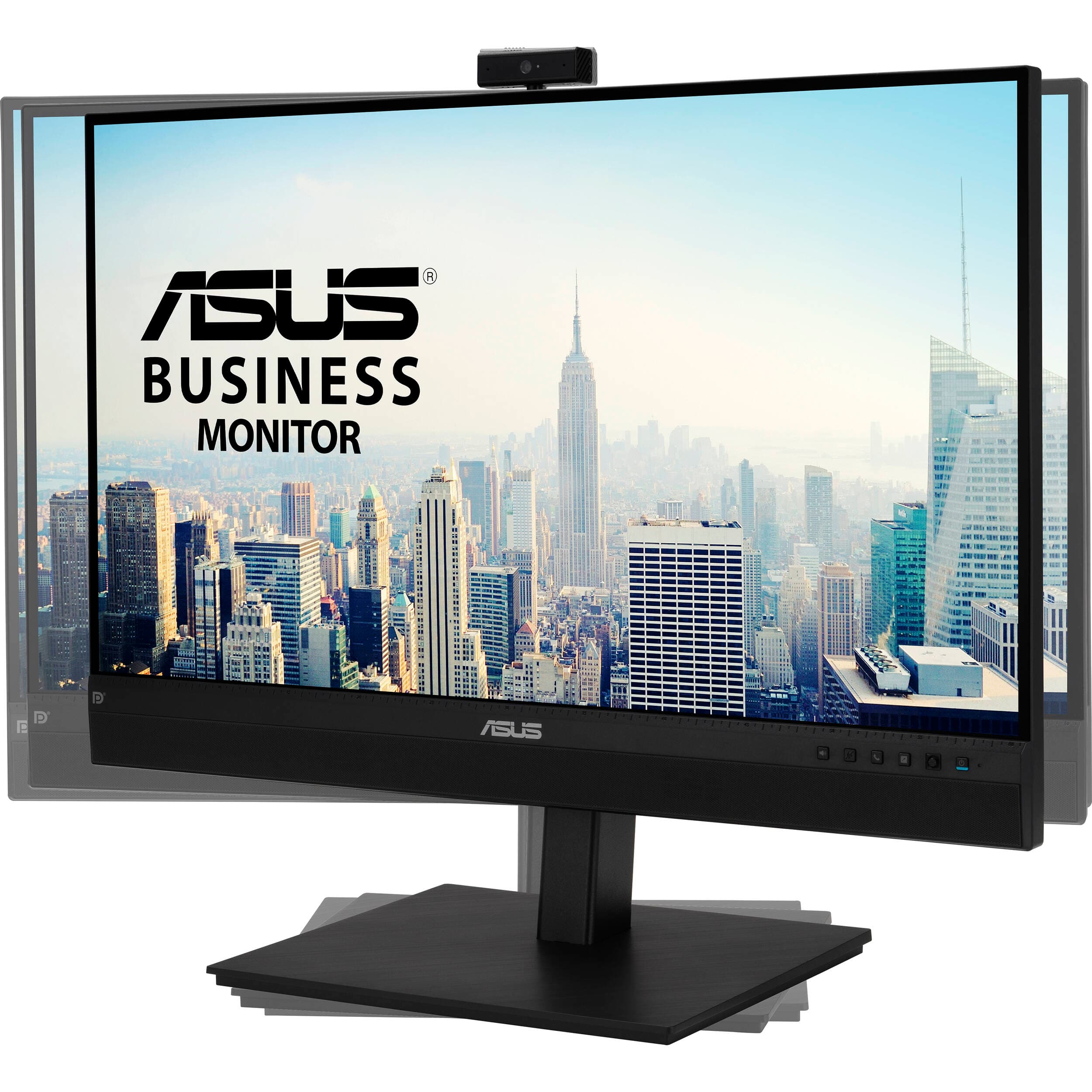 ASUS BE27ACSBK 27-inch QHD IPS monitor with integrated webcam, microphone array, and stereo speakers