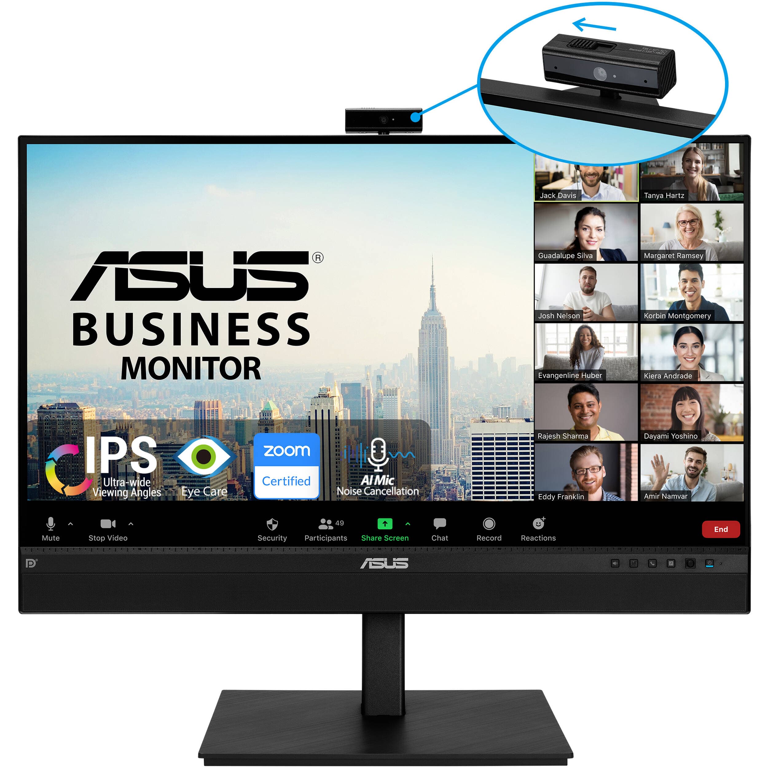 ASUS BE27ACSBK 27-inch QHD IPS monitor with integrated webcam, microphone array, and stereo speakers