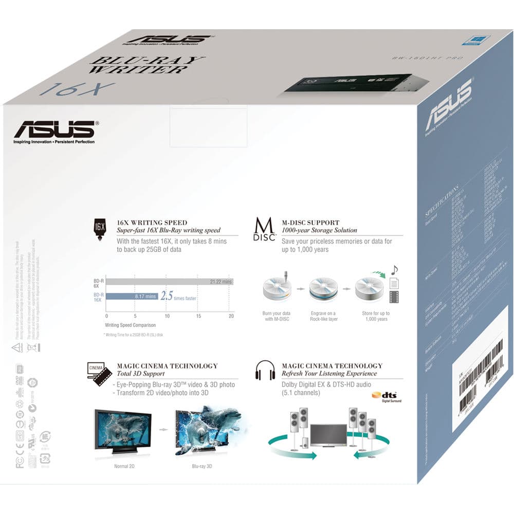 ASUS - COMPONENTS BW-16D1HT BDR DVDRW 16X SATA BLACK W8/7 VISTA XP M-DISC/BDXL view 3