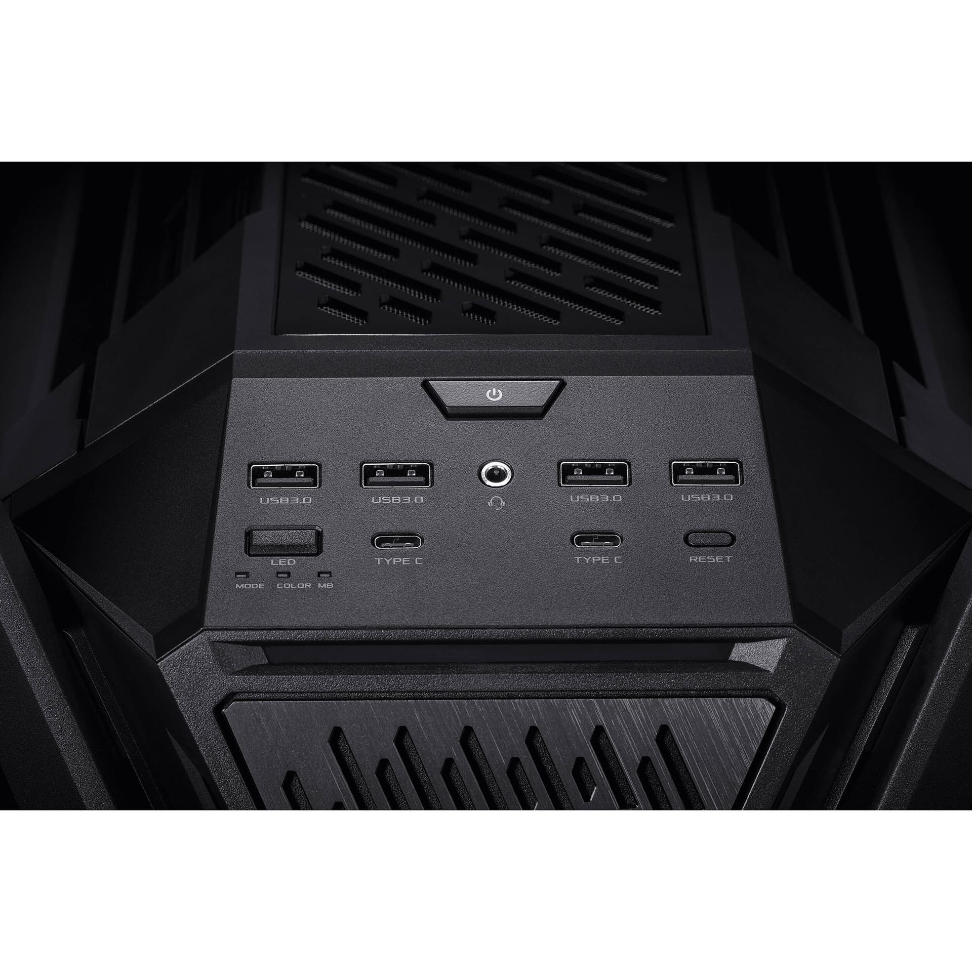 Black ASUS GR701 full-tower PC case with tempered glass side panel for premium desktop builds