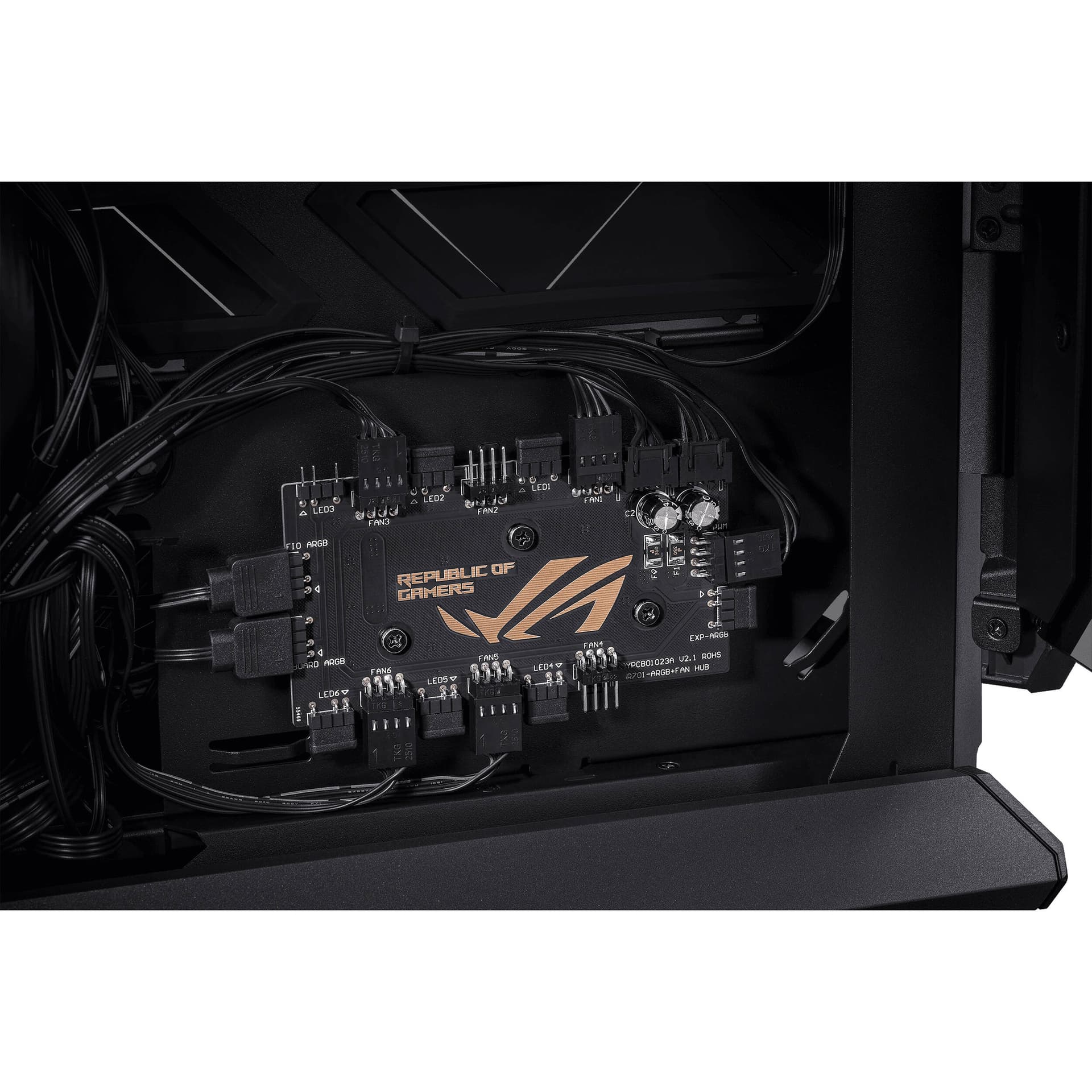 Black ASUS GR701 full-tower PC case with tempered glass side panel for premium desktop builds