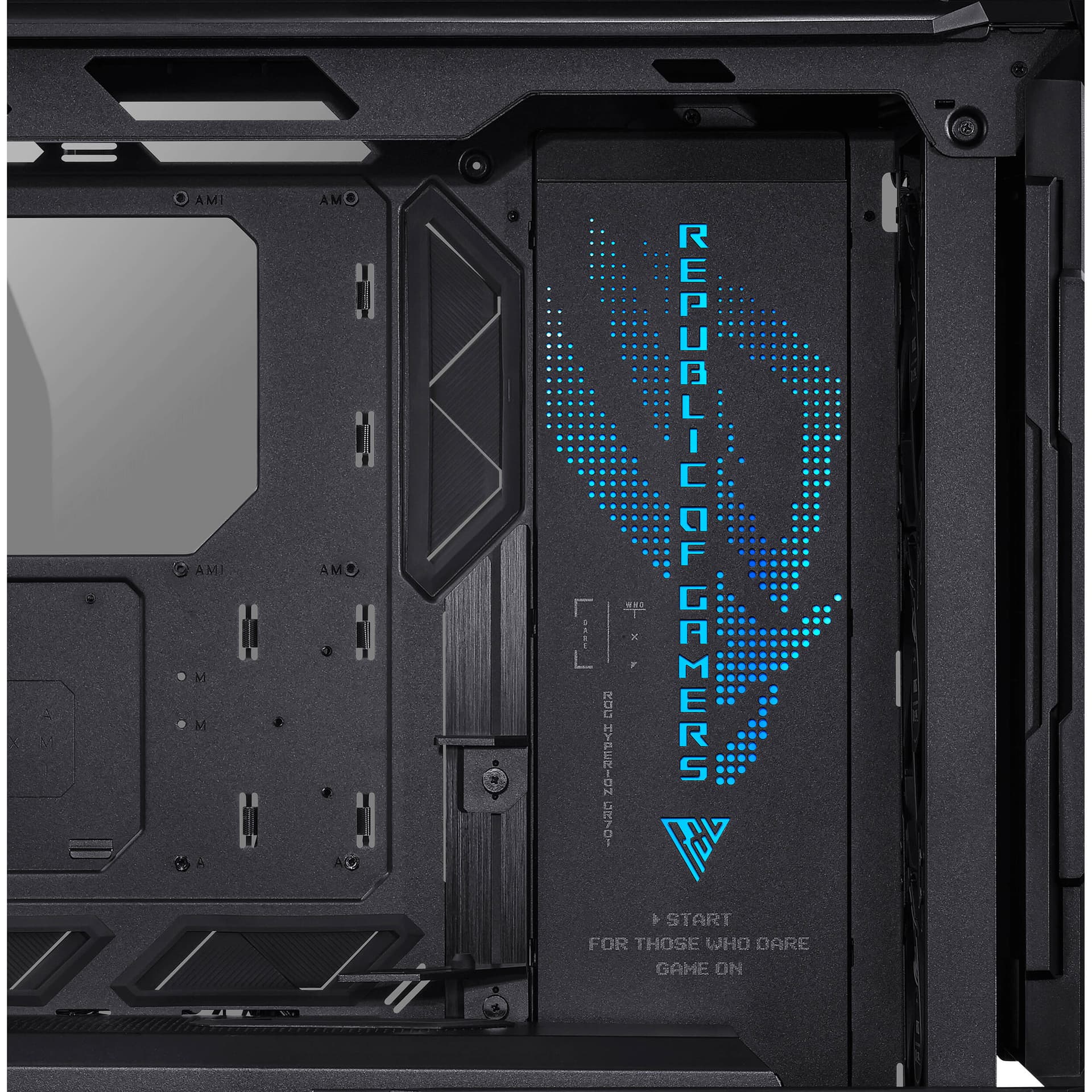 Black ASUS GR701 full-tower PC case with tempered glass side panel for premium desktop builds