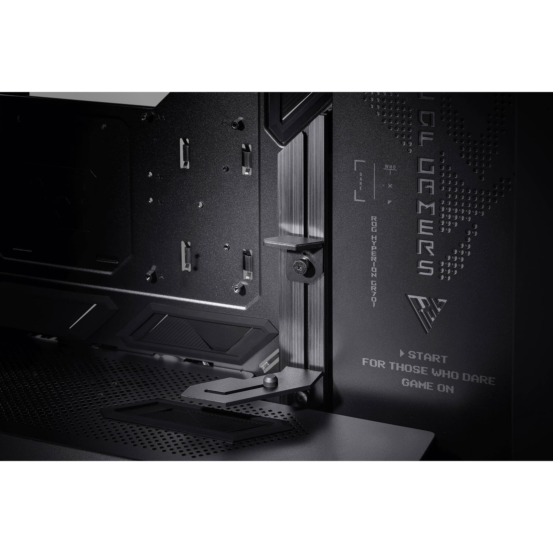 Black ASUS GR701 full-tower PC case with tempered glass side panel for premium desktop builds