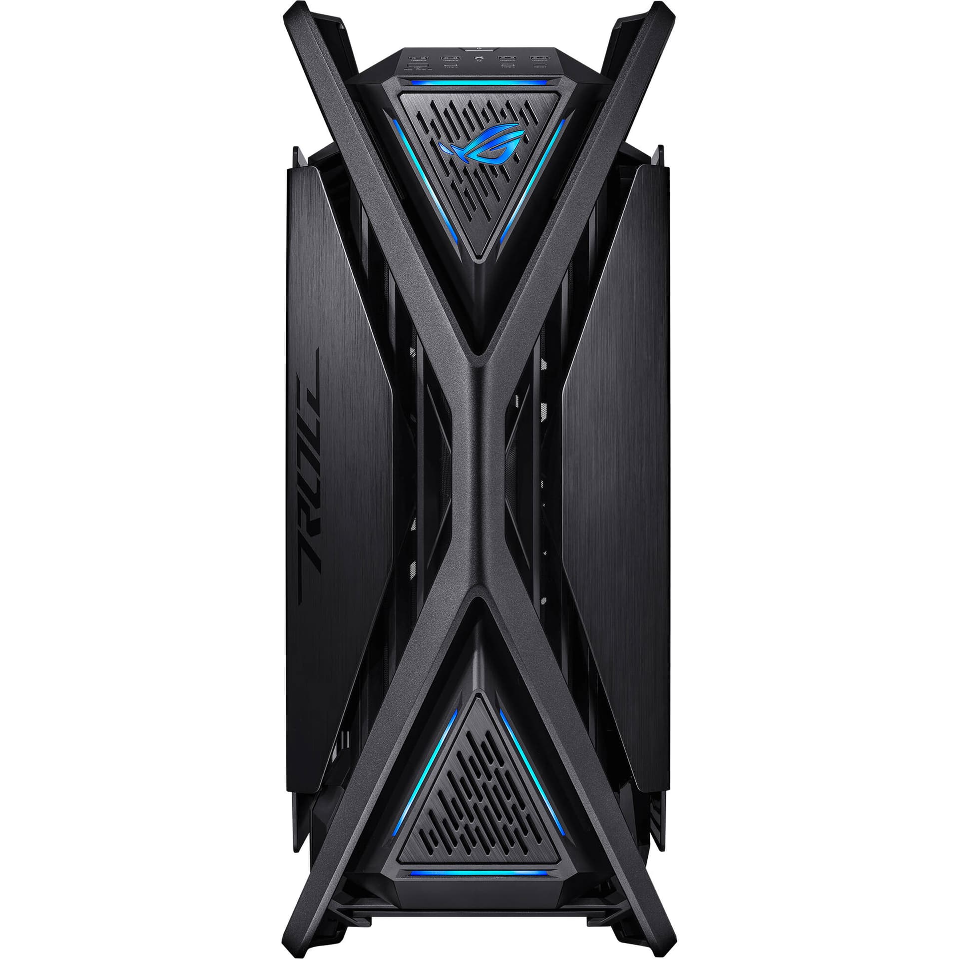 Black ASUS GR701 full-tower PC case with tempered glass side panel for premium desktop builds