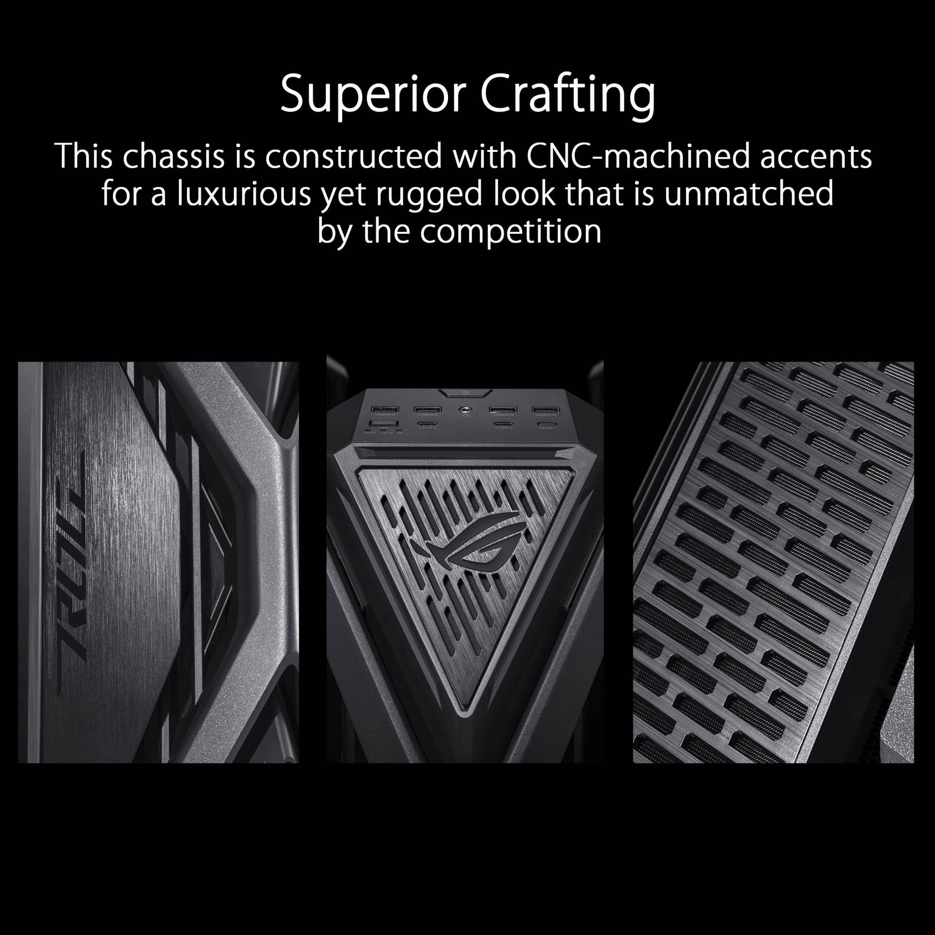 Black ASUS GR701 full-tower PC case with tempered glass side panel for premium desktop builds