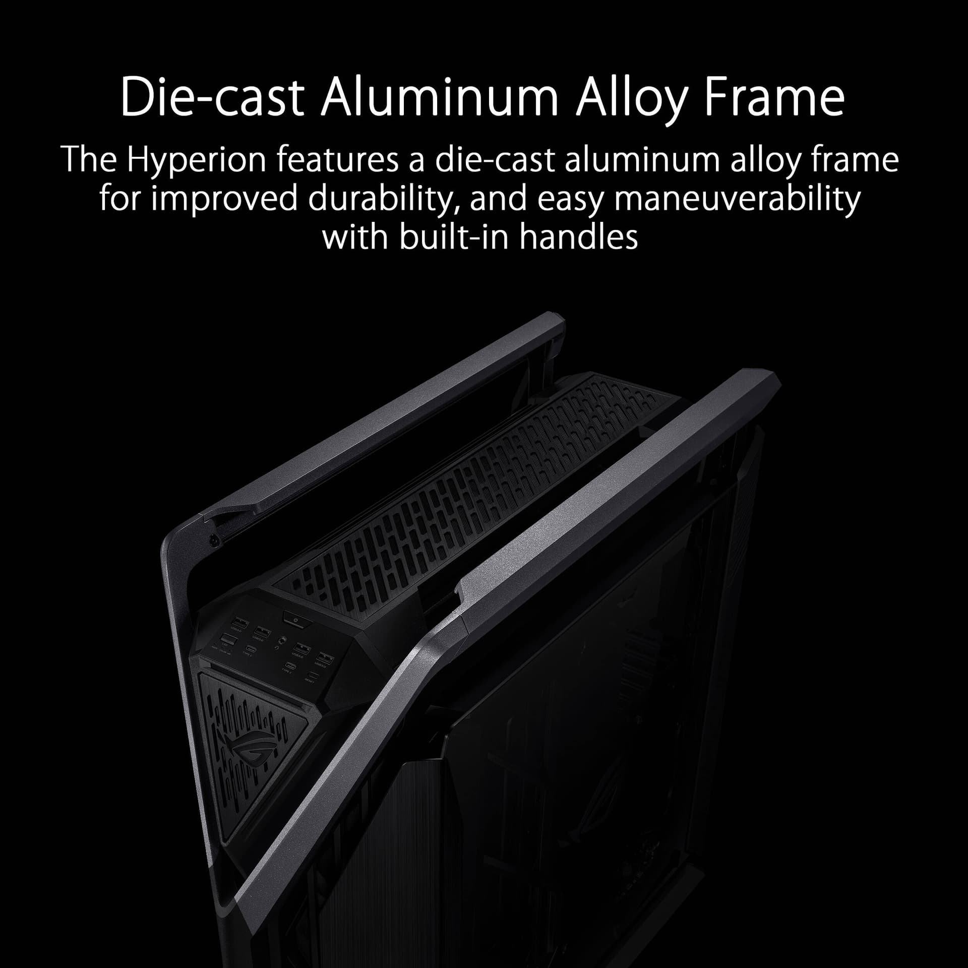 Black ASUS GR701 full-tower PC case with tempered glass side panel for premium desktop builds