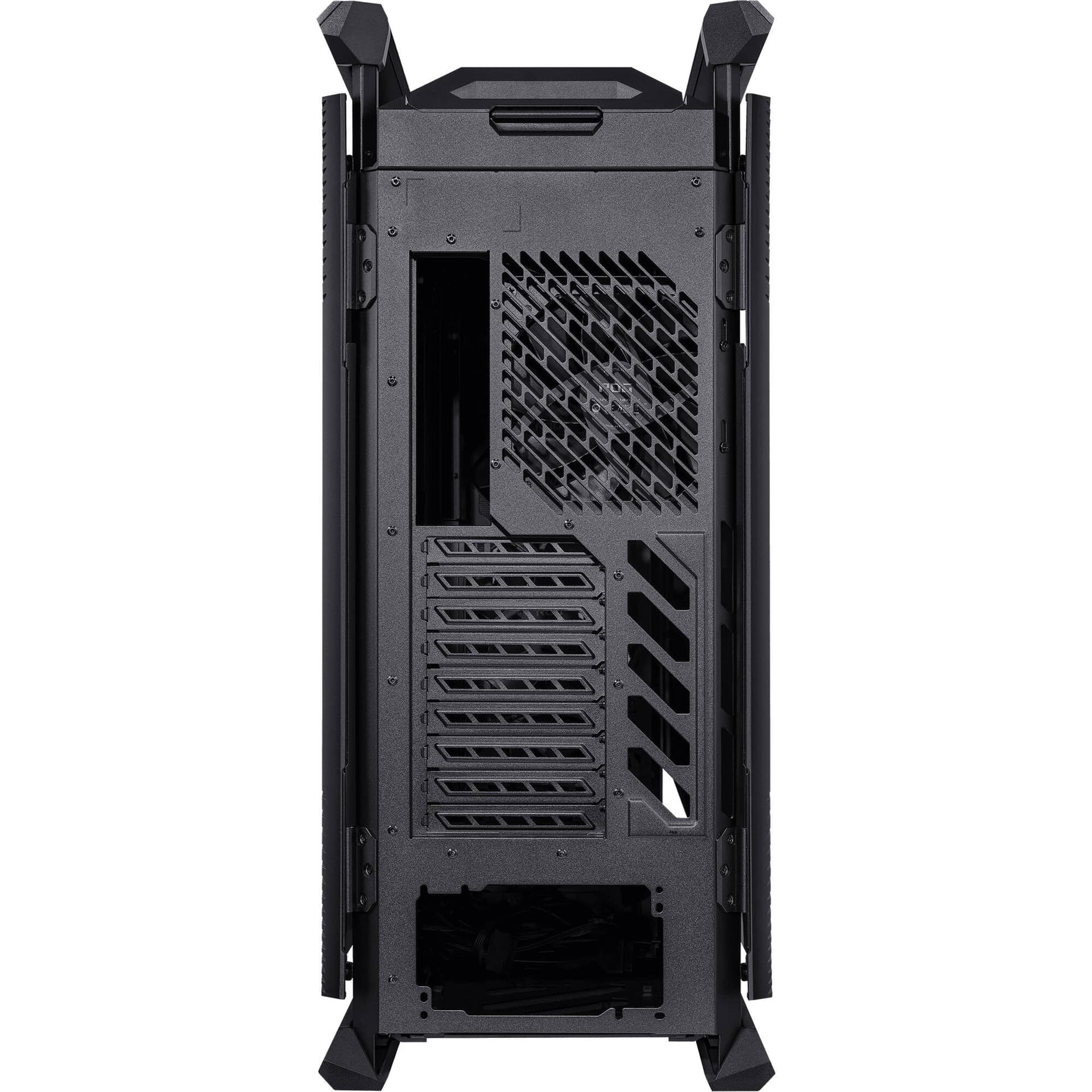 Black ASUS GR701 full-tower PC case with tempered glass side panel for premium desktop builds