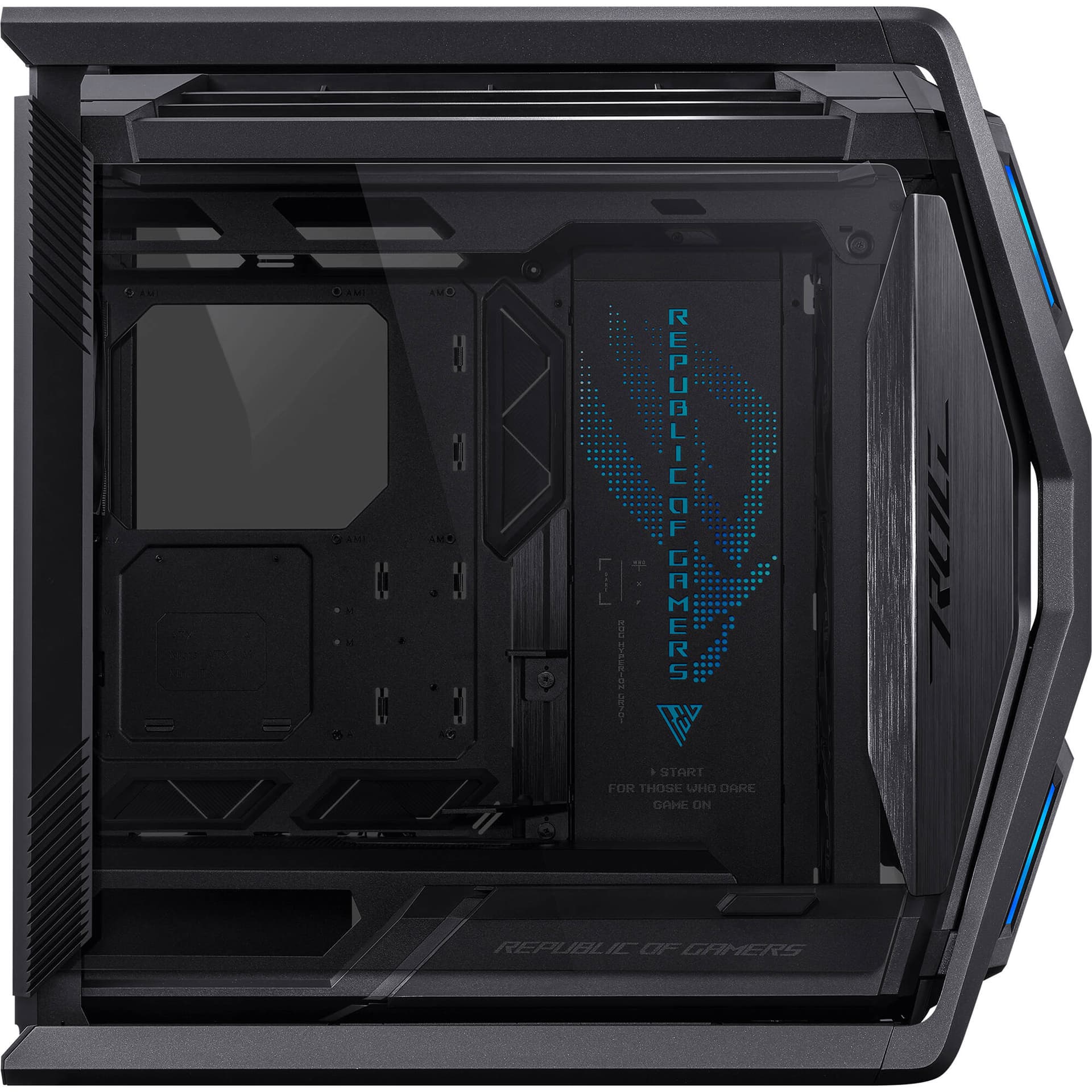 Black ASUS GR701 full-tower PC case with tempered glass side panel for premium desktop builds