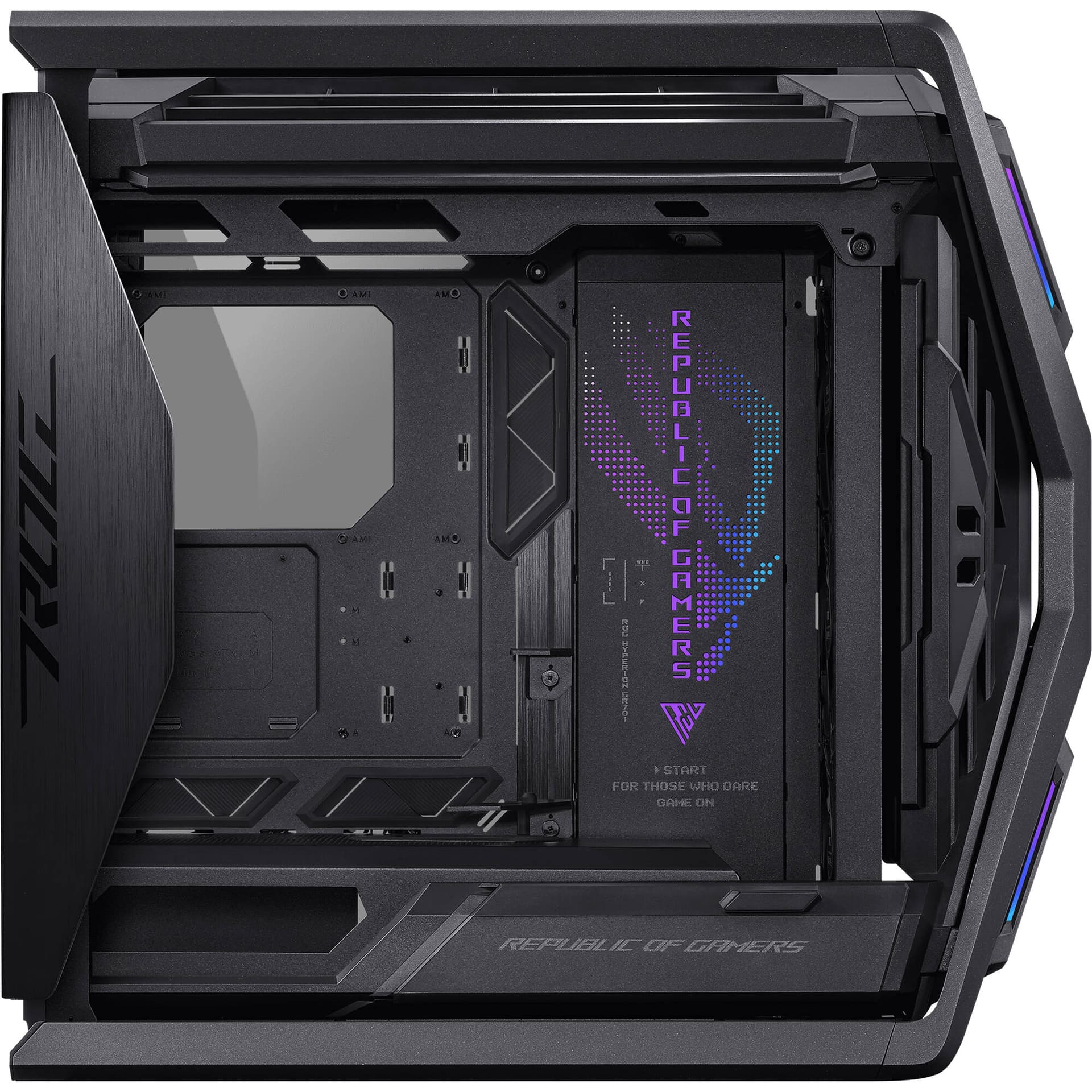 Black ASUS GR701 full-tower PC case with tempered glass side panel for premium desktop builds