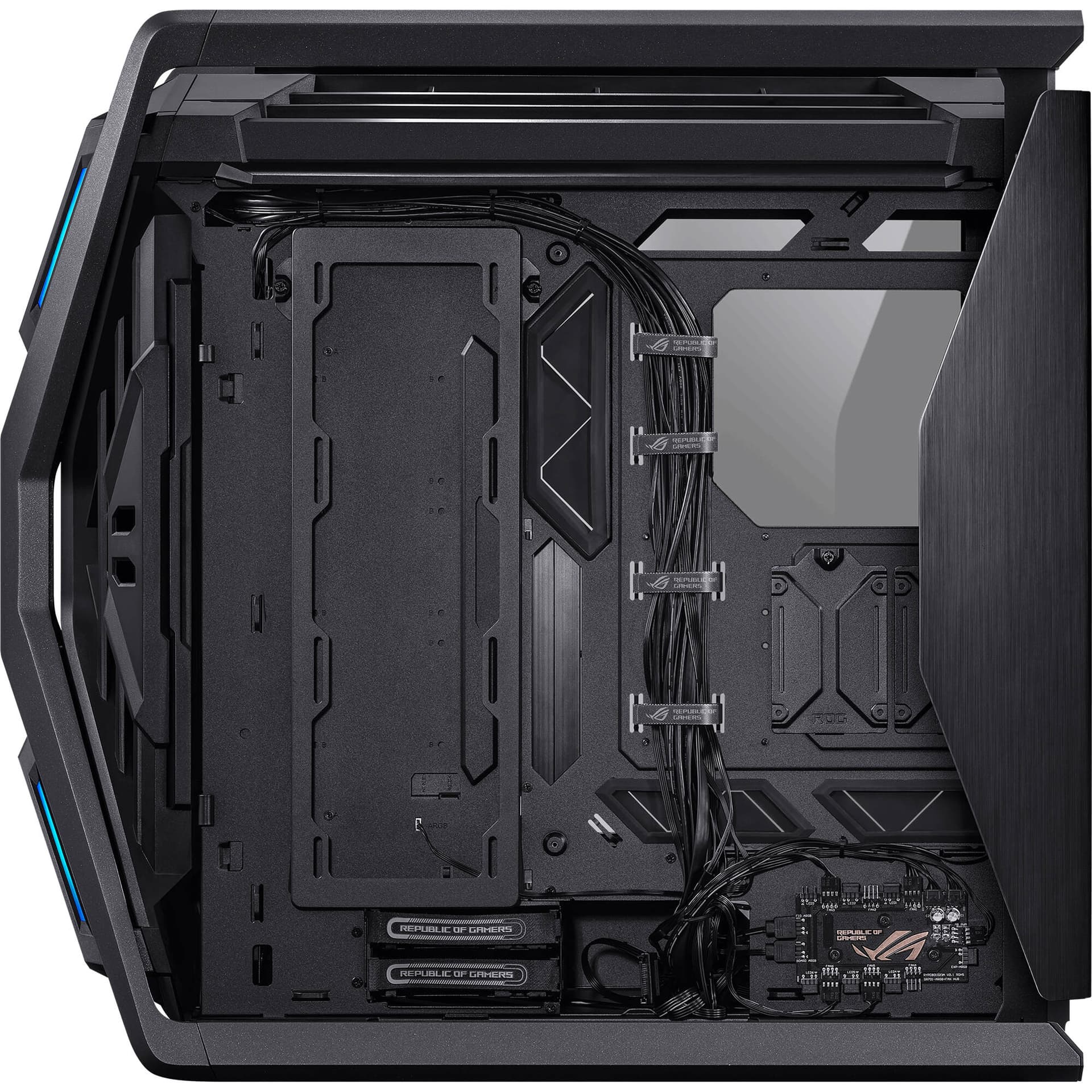 Black ASUS GR701 full-tower PC case with tempered glass side panel for premium desktop builds