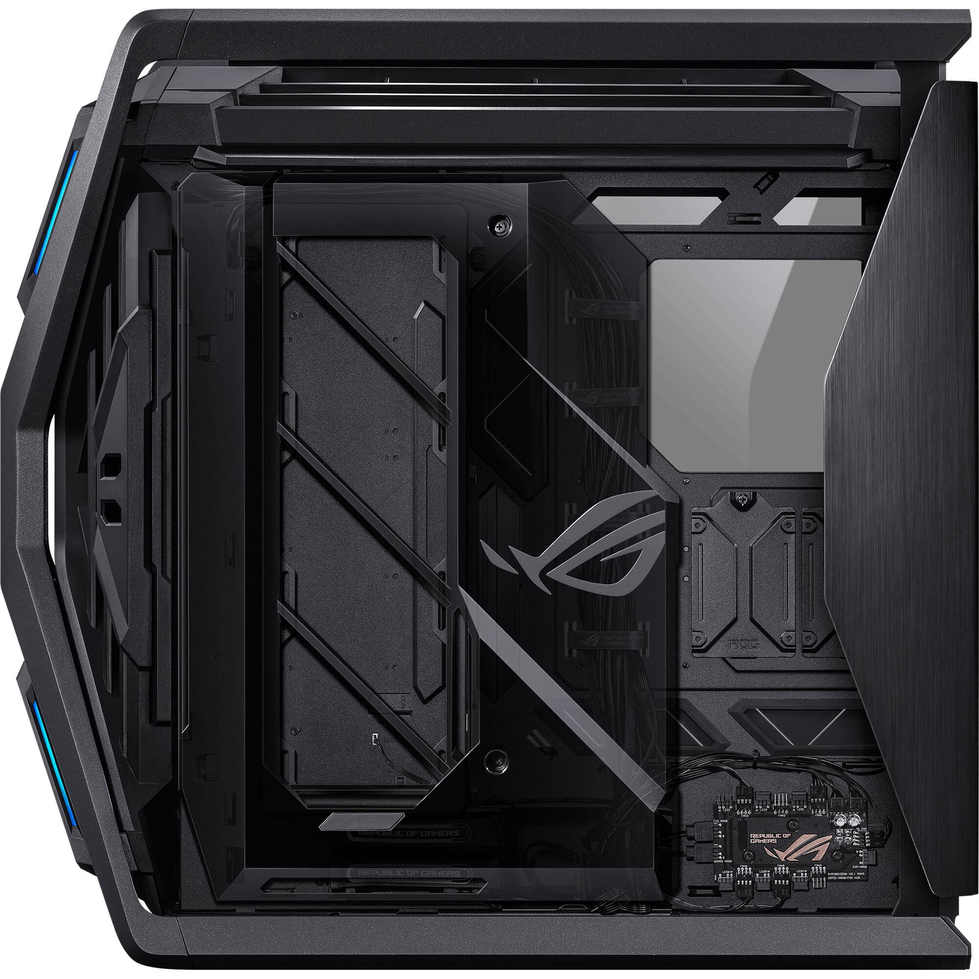 Black ASUS GR701 full-tower PC case with tempered glass side panel for premium desktop builds