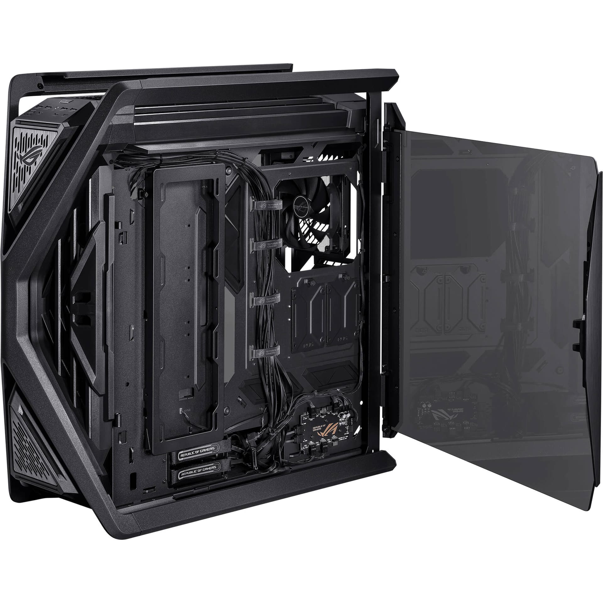 Black ASUS GR701 full-tower PC case with tempered glass side panel for premium desktop builds
