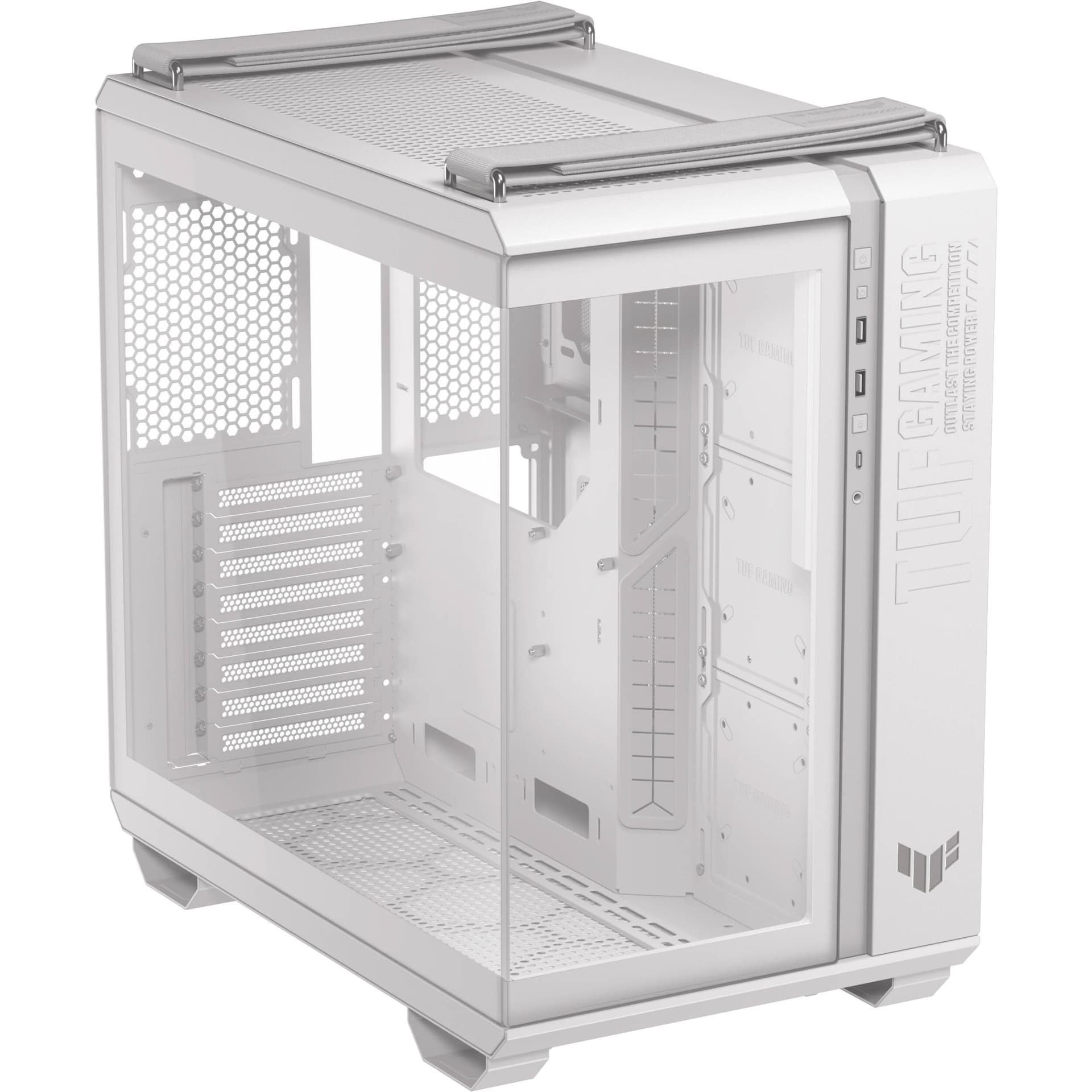 ASUS TUF Gaming GT502 Horizon White ATX mid-tower case with tempered glass and dual-chamber layout