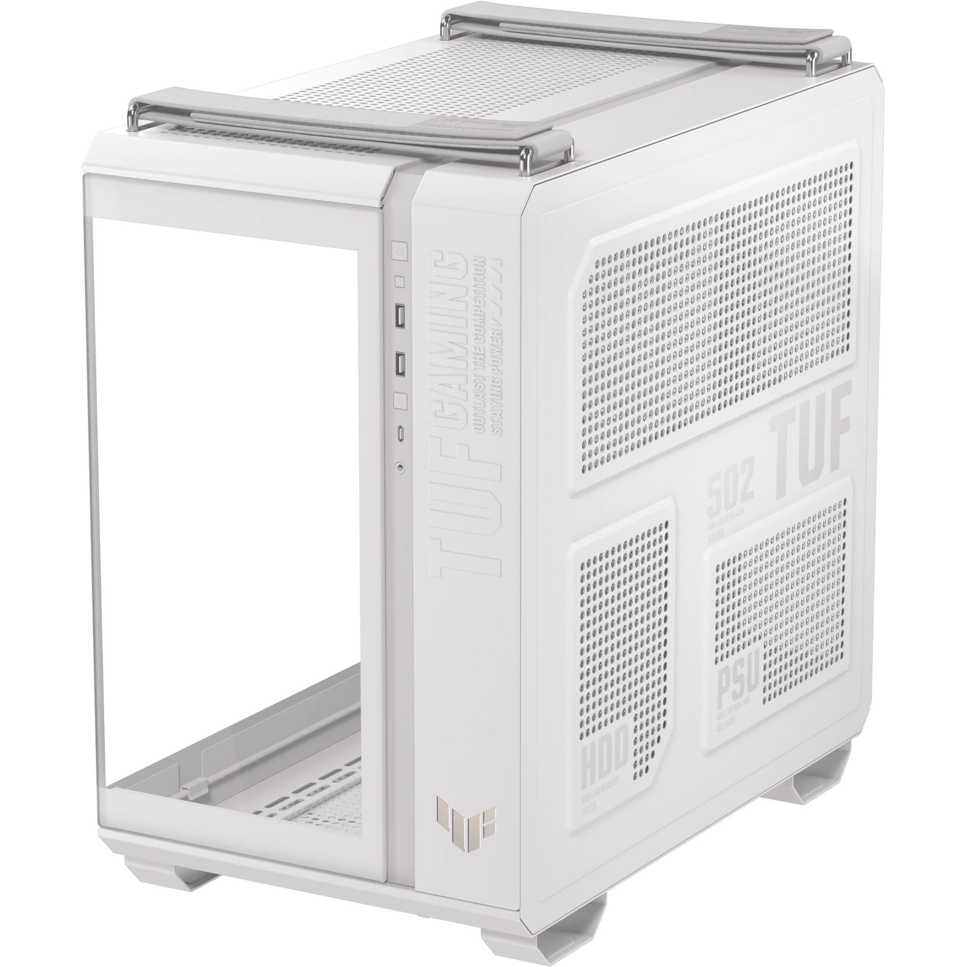 ASUS TUF Gaming GT502 Horizon White ATX mid-tower case with tempered glass and dual-chamber layout