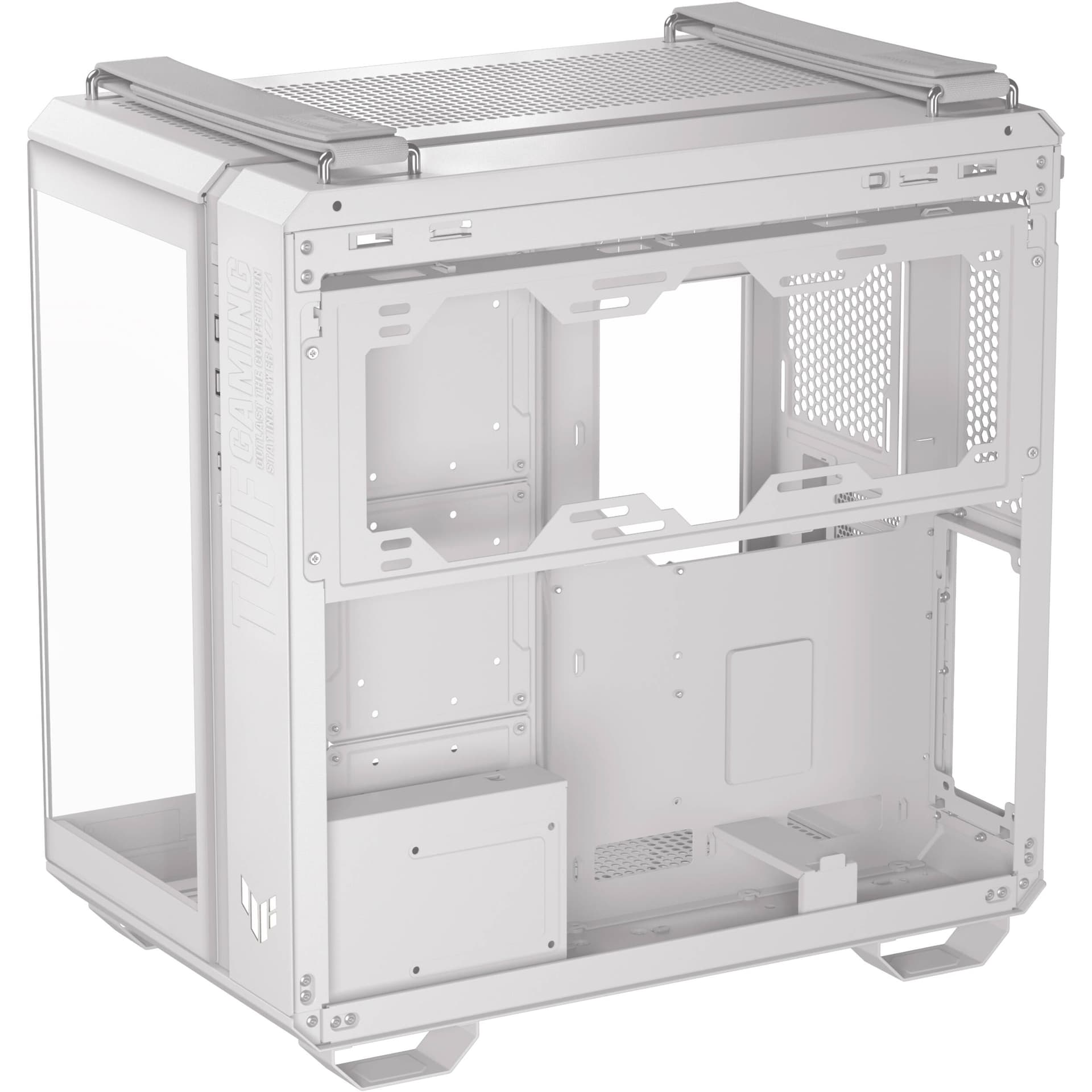 ASUS TUF Gaming GT502 Horizon White ATX mid-tower case with tempered glass and dual-chamber layout