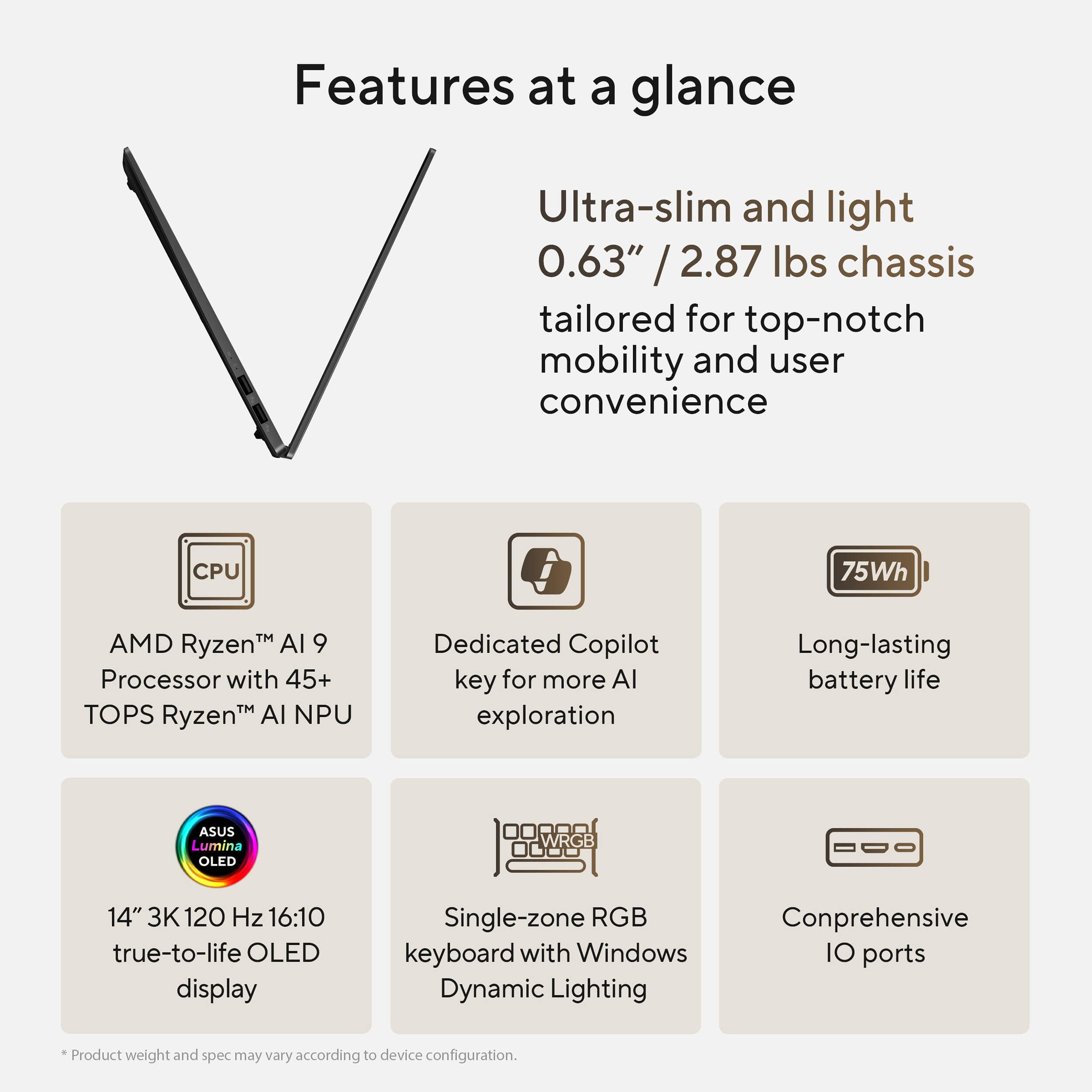 ASUS Vivobook S 14 black laptop with 14-inch WQXGA+ display, Ryzen AI 9 365, 24 GB RAM, and 512 GB SSD