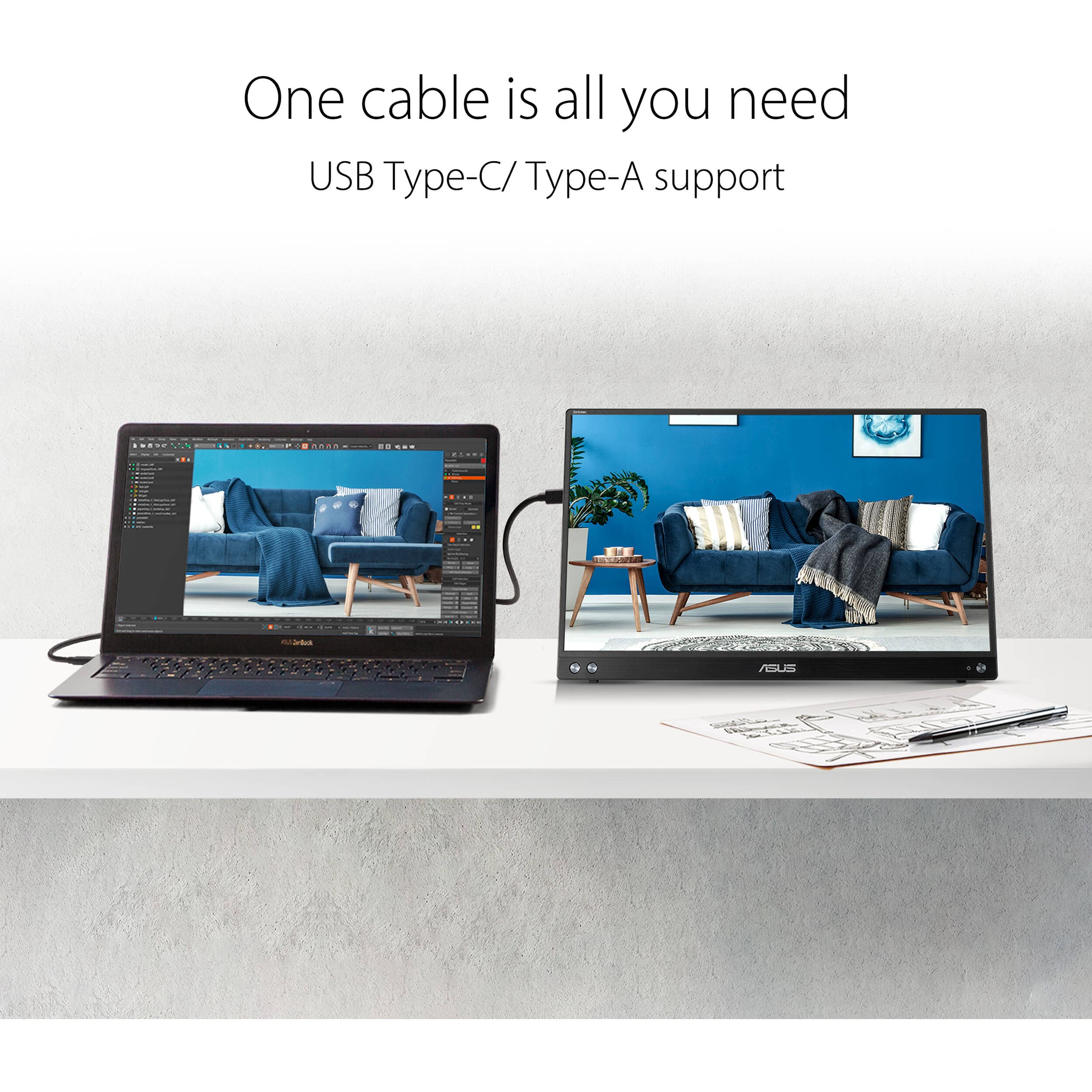 ASUS ZenScreen MB16ACV 15.6-inch portable monitor in silver with USB-C connectivity