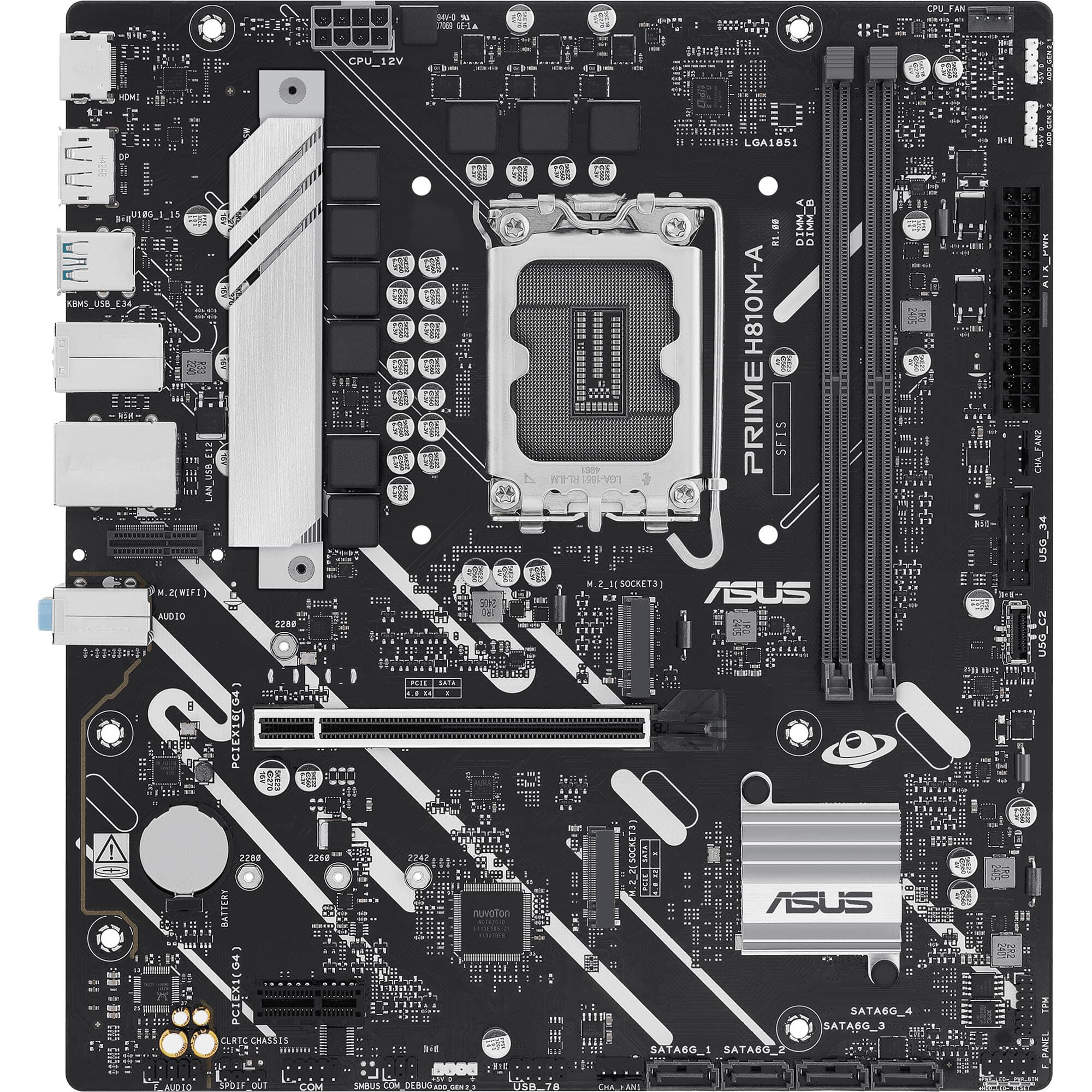 ASUS PRIME H810M-A CSM microATX motherboard with LGA 1851 socket, DDR5 support, and dual M.2 slots