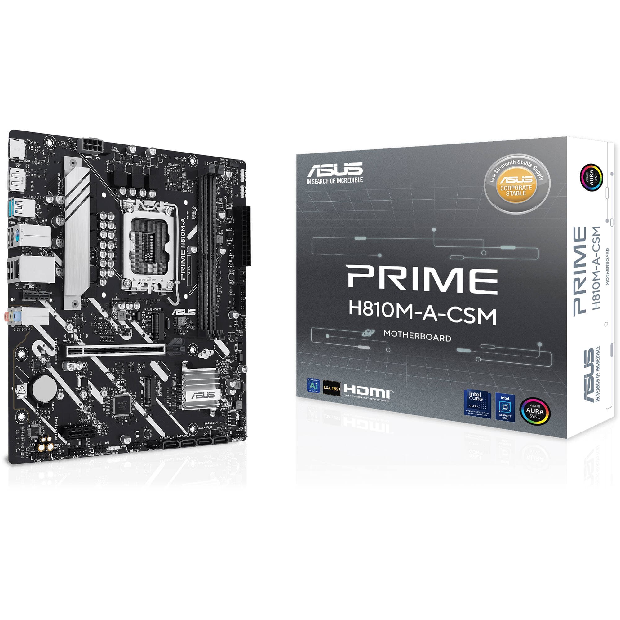 ASUS PRIME H810M-A CSM microATX motherboard with LGA 1851 socket, DDR5 support, and dual M.2 slots
