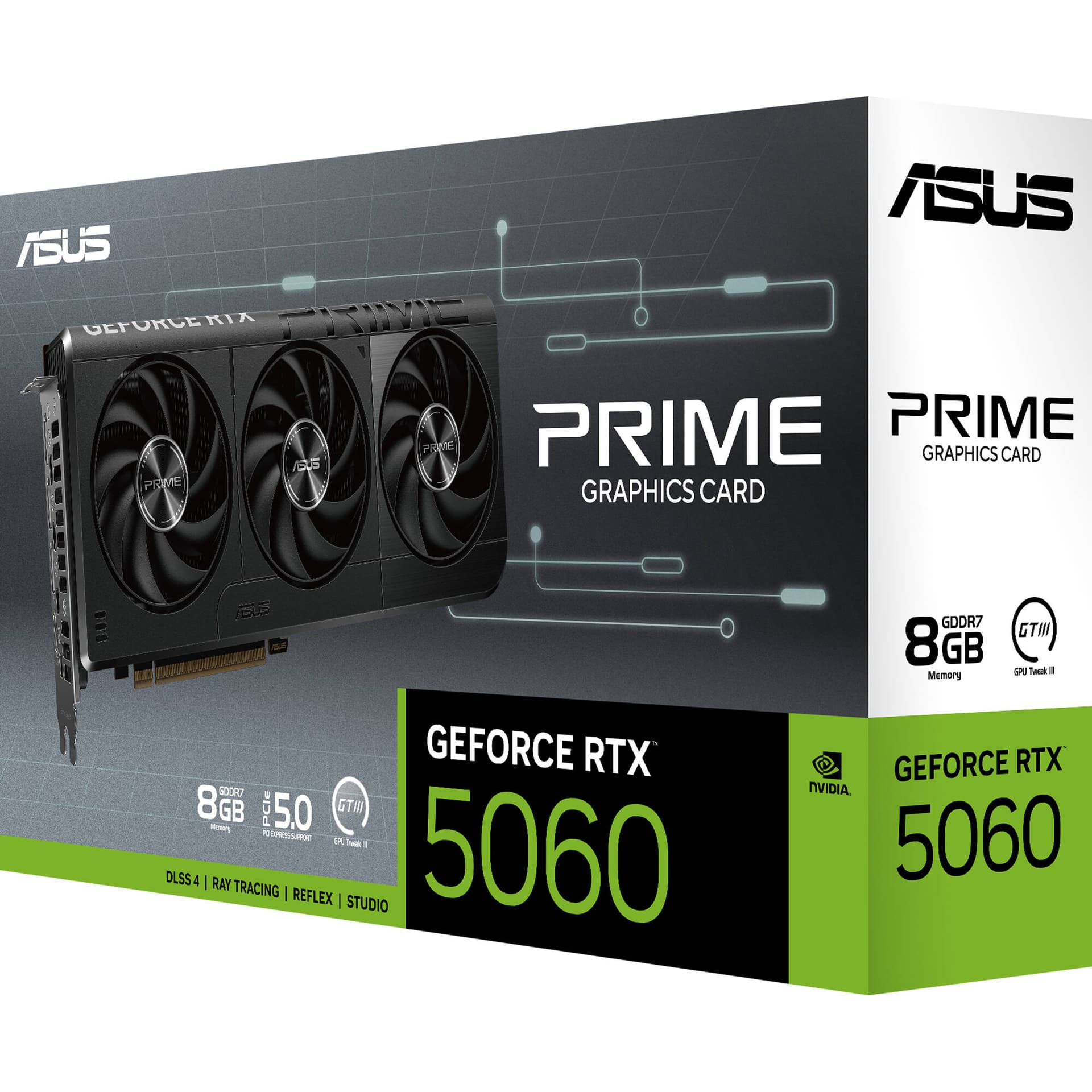 ASUS Prime GeForce RTX 5060 8GB GDDR7 graphics card with Axial-tech fans and dual BIOS