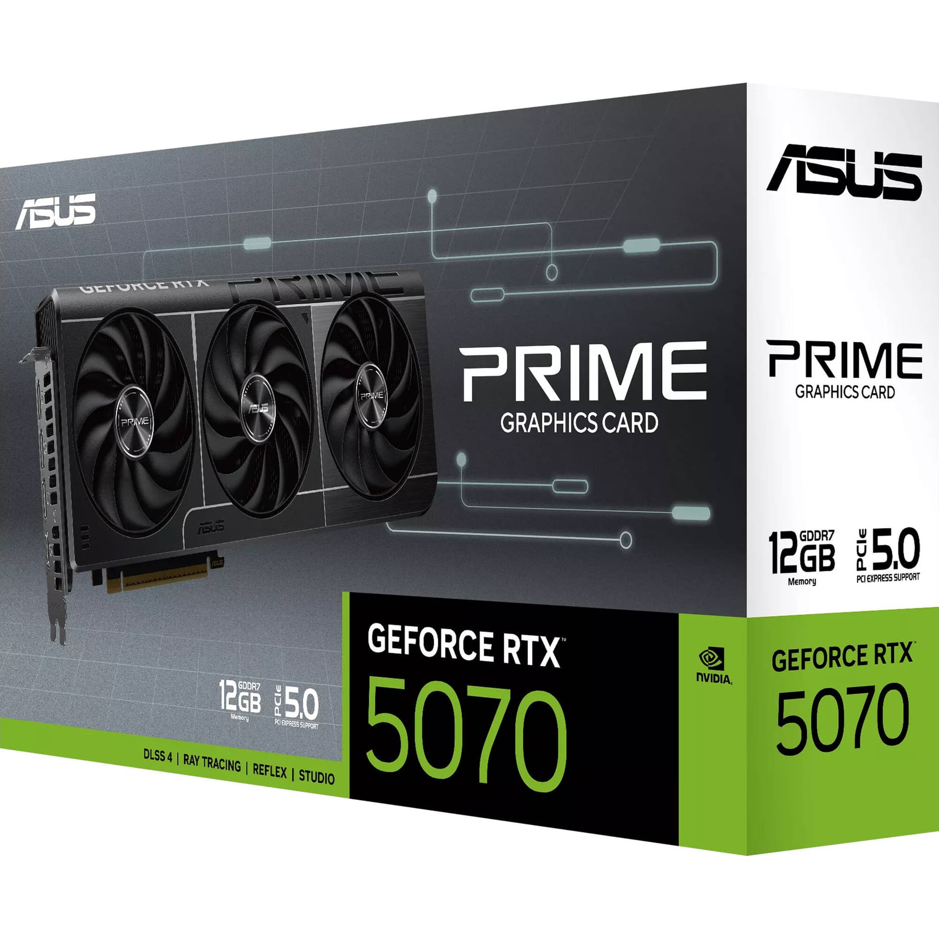 ASUS PRIME RTX 5070 12GB graphics card with PCIe 5.0 and DisplayPort HDMI outputs