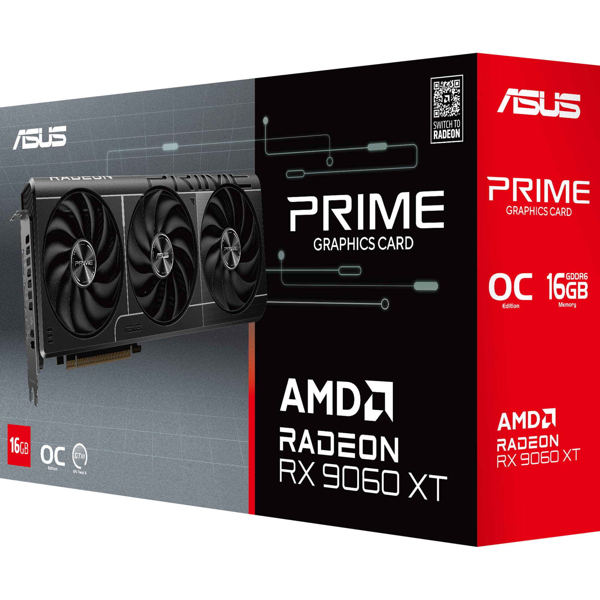 ASUS PRIME RX 9060 XT O16G graphics card with 16GB GDDR6, dual fan cooling, and PCIe 5.0 interface