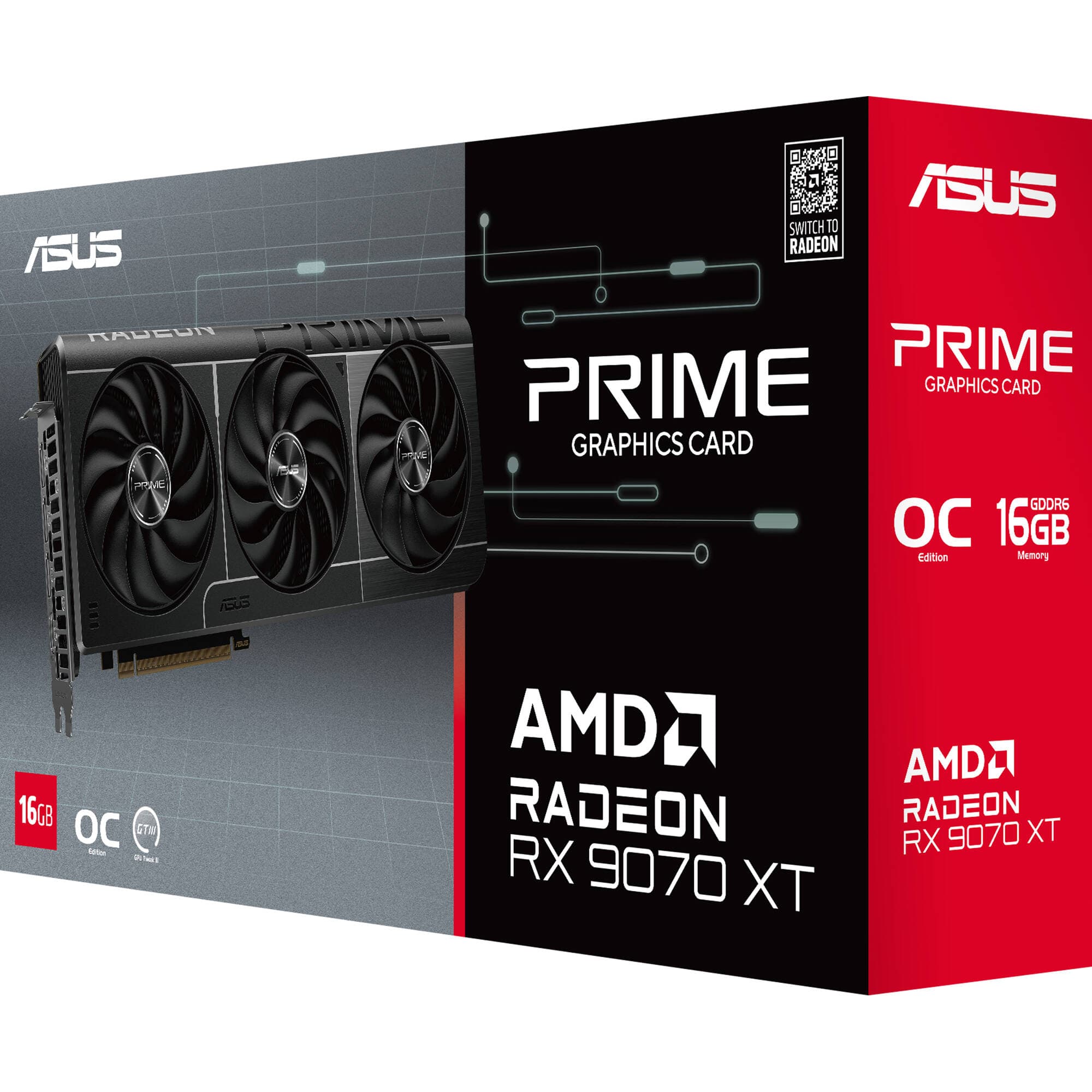 ASUS PRIME RX 9070 XT O16G graphics card with triple-fan cooling and 16 GB GDDR6 memory