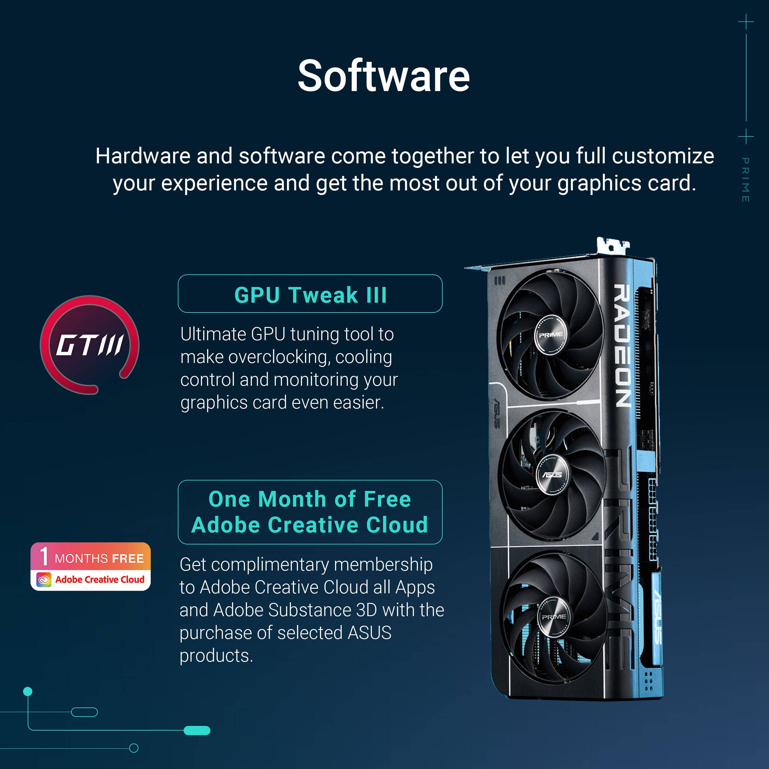 ASUS PRIME RX 9070 XT O16G graphics card with triple-fan cooling and 16 GB GDDR6 memory