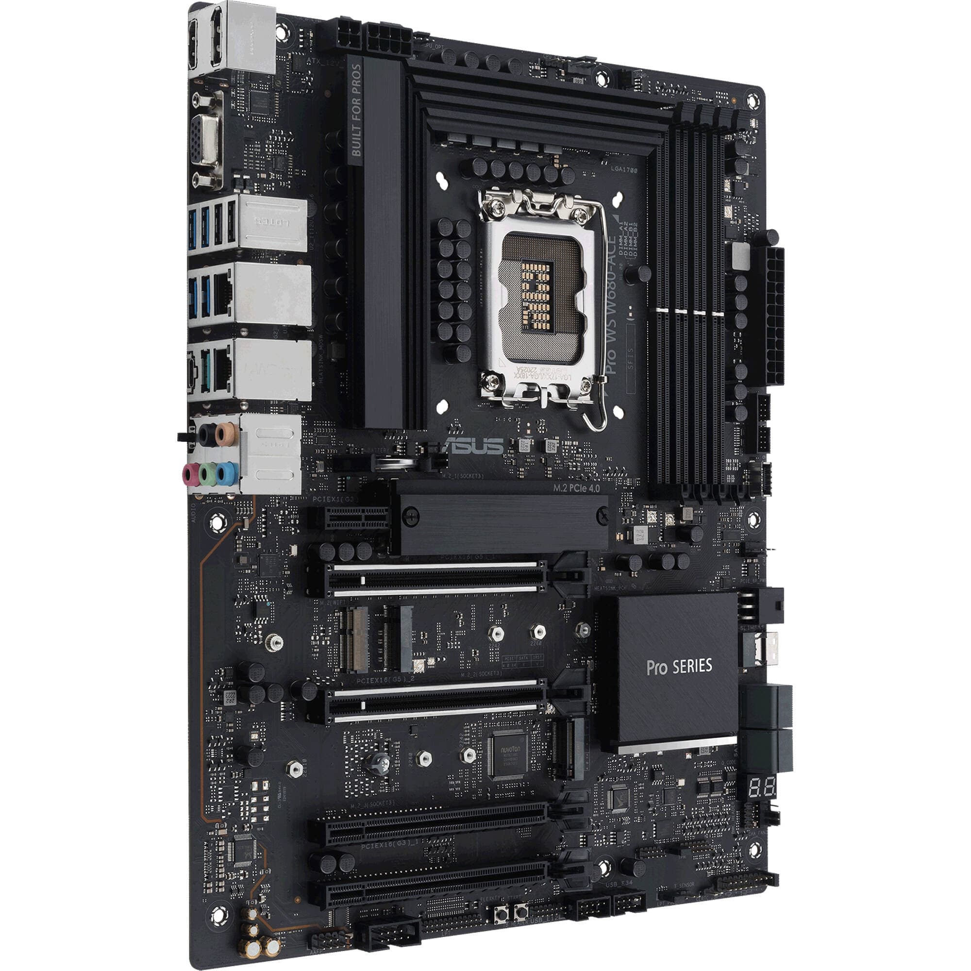ASUS PRO WS W680-ACE ATX workstation motherboard with LGA 1700 socket, DDR5 ECC support, and dual 2.5 Gb LAN