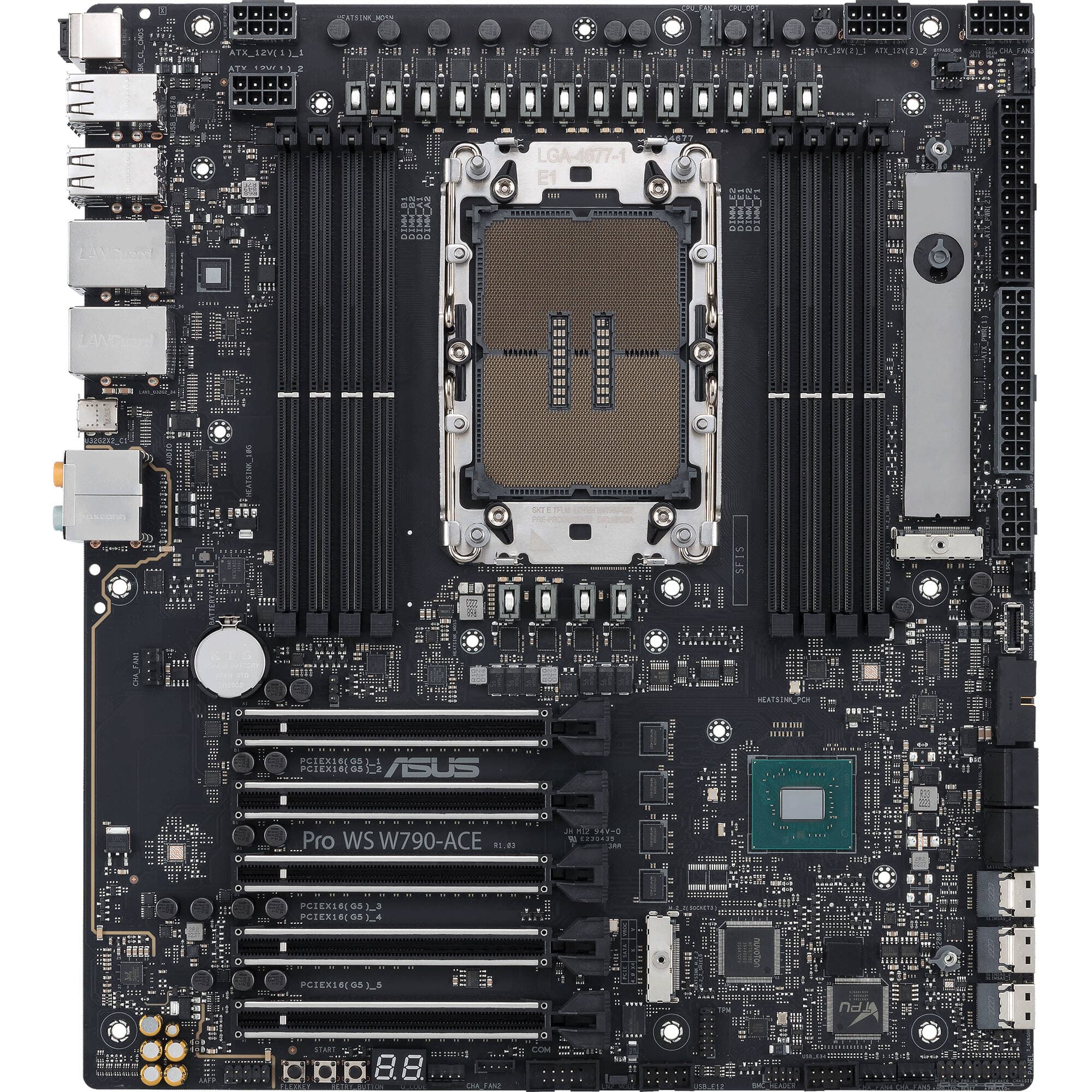 ASUS PRO WS W790-ACE workstation motherboard with Intel W790 chipset, 5 PCIe 5.0 x16 slots, and M.2 support