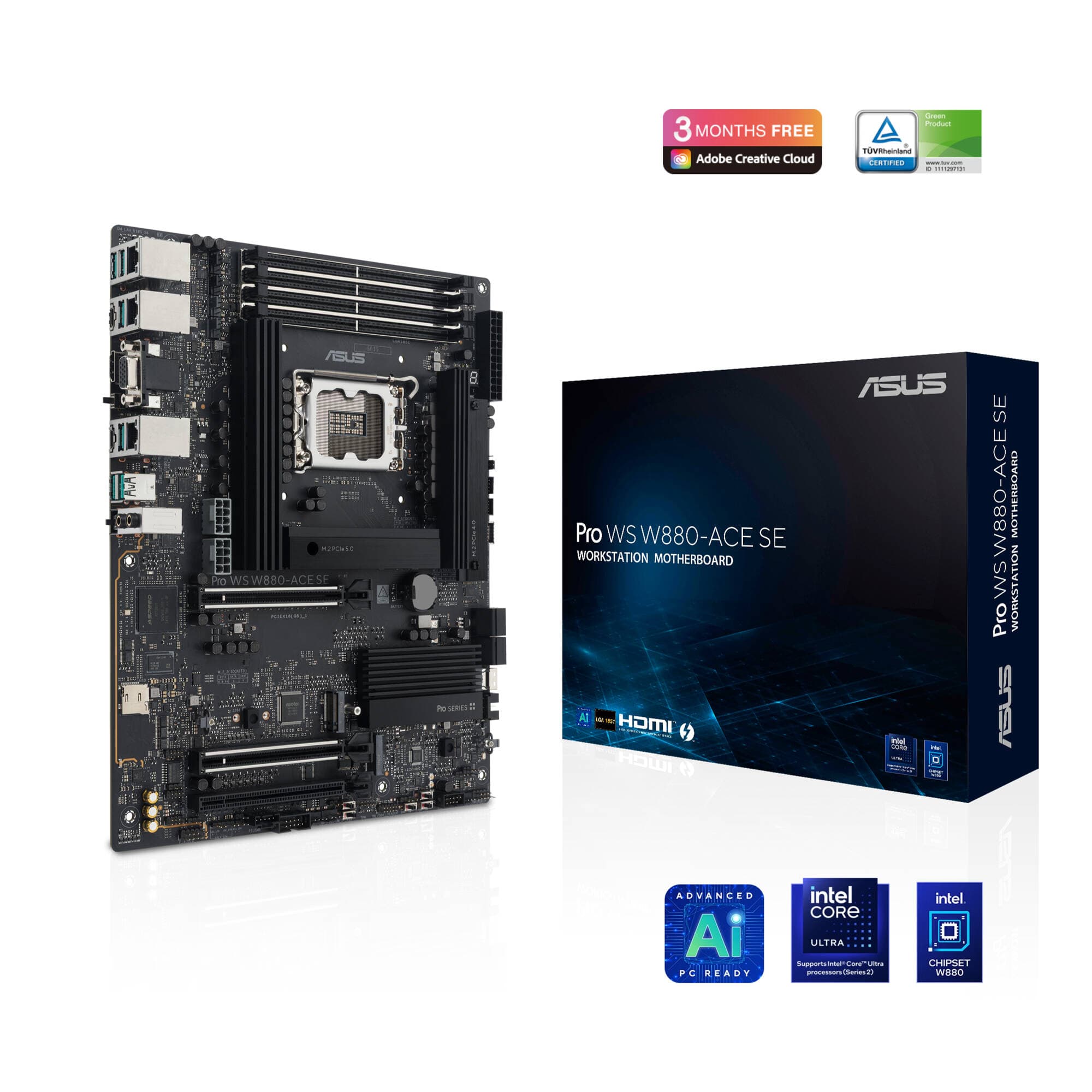 ASUS Pro WS W880 ACE SE ATX workstation motherboard with LGA 1851, Thunderbolt 4, and dual 2.5 GbE