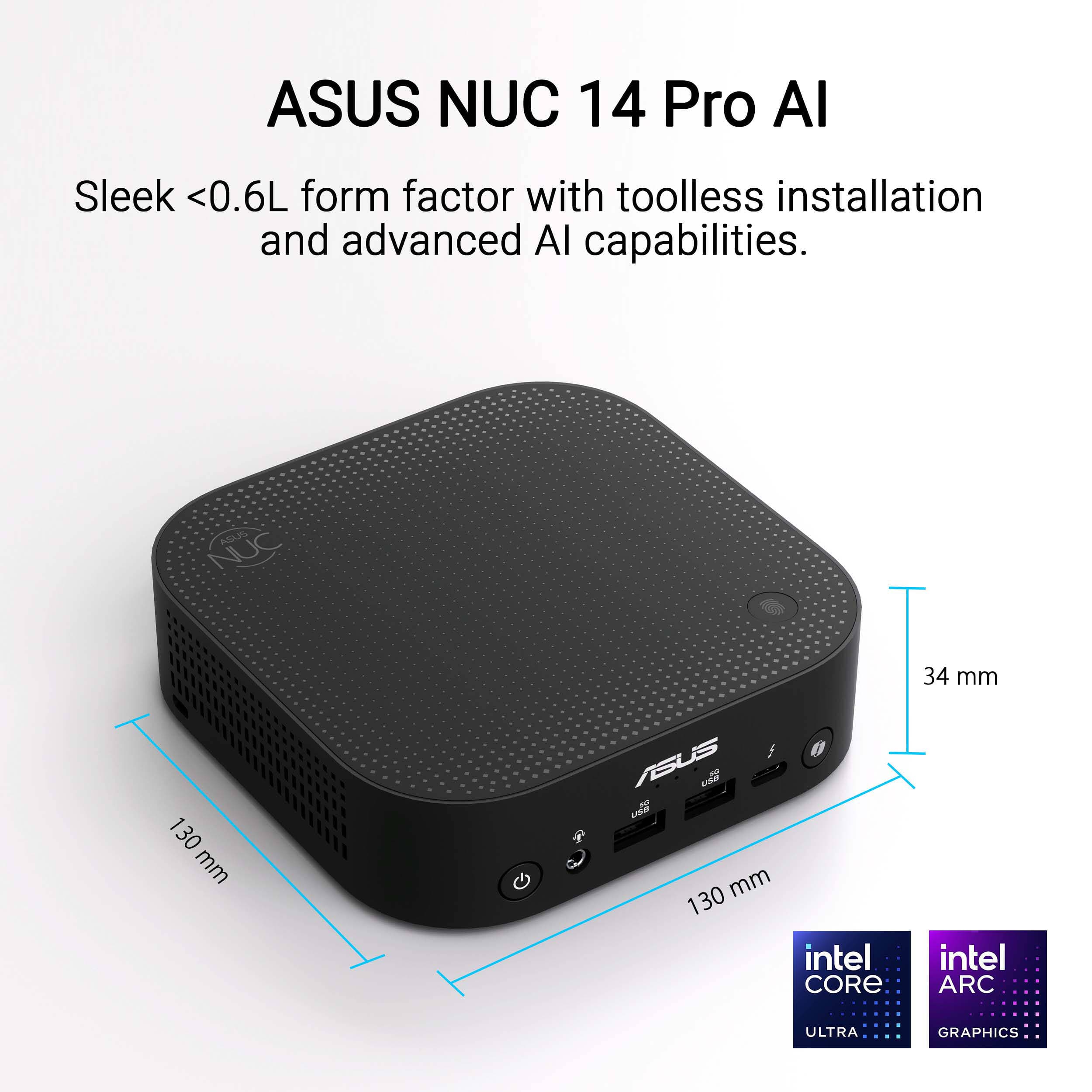 ASUS NUC 14 Pro AI Copilot+ mini PC with Core Ultra 7, 32 GB memory, 1 TB SSD, and VESA mount