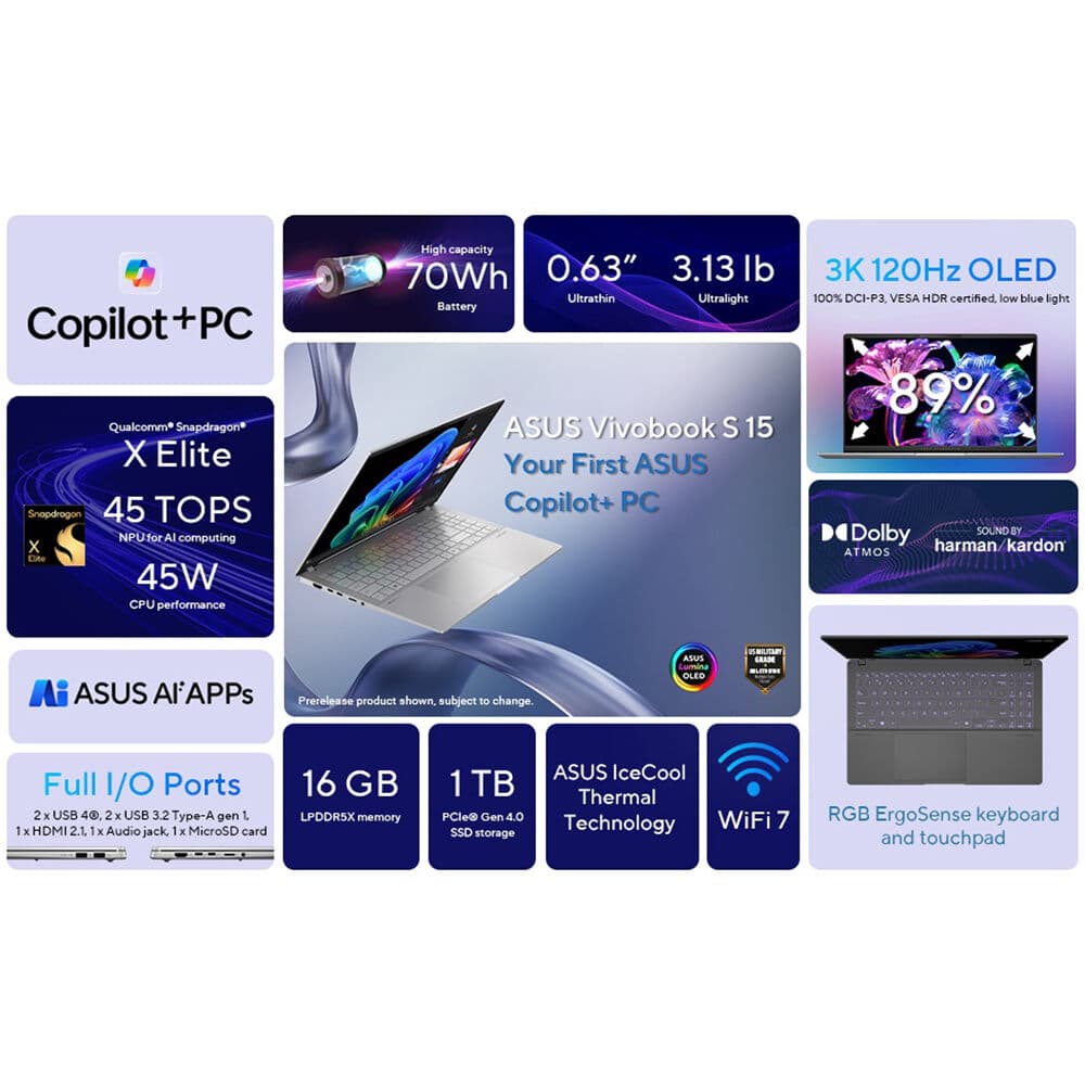ASUS Vivobook S 15 OLED laptop with Snapdragon X Elite processor, 16GB memory, and 1TB SSD