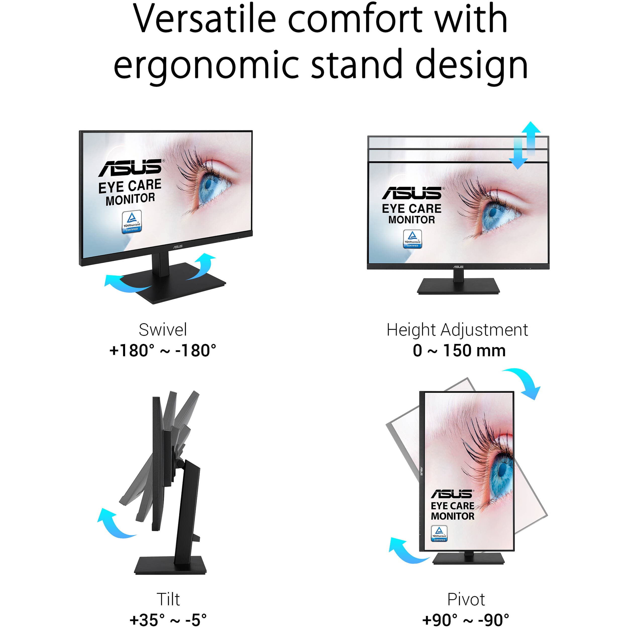 ASUS VA27DQSB 27-inch Full HD IPS monitor with frameless bezel, ergonomic stand, and VESA mount support