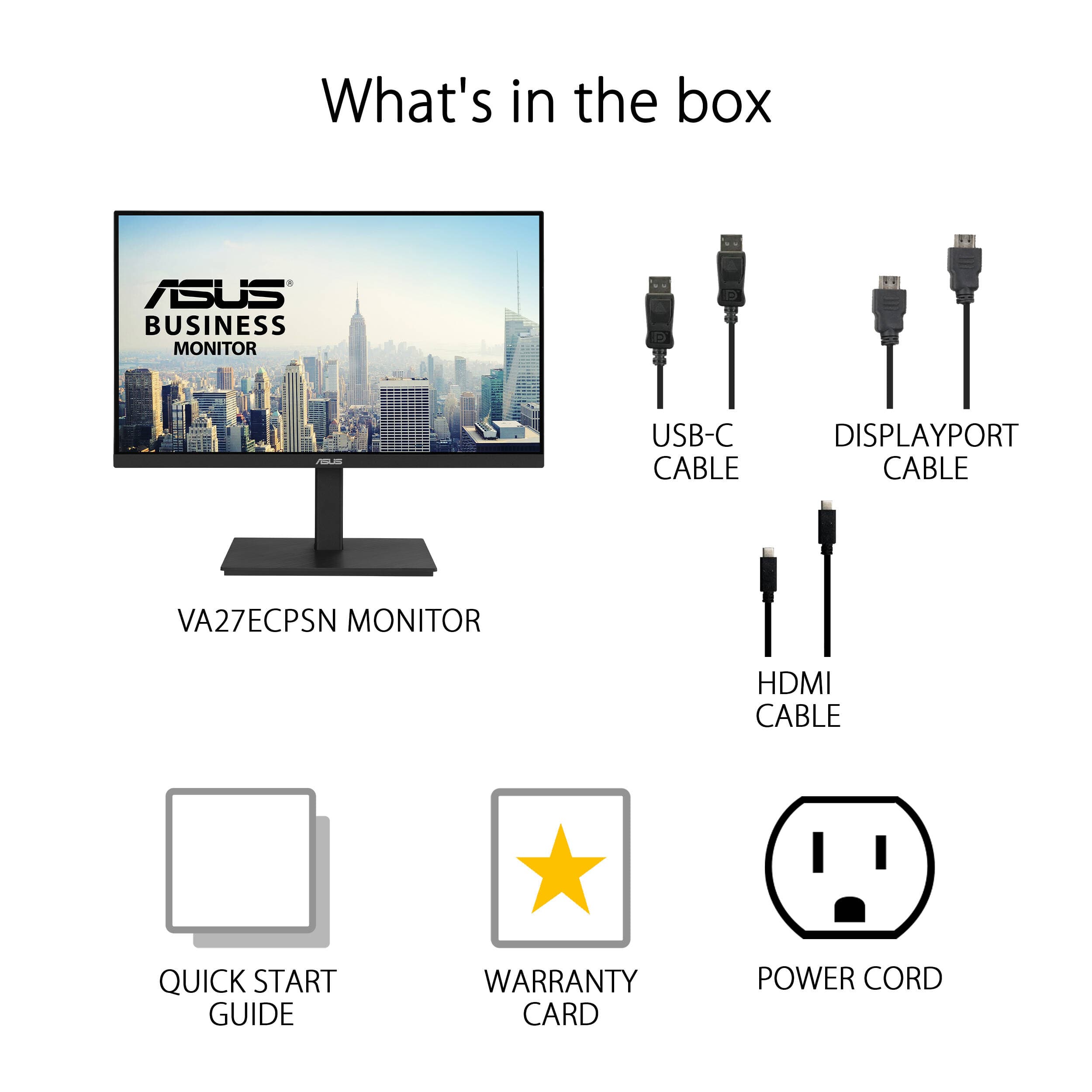 ASUS VA27ECPSN 27-inch Full HD IPS docking monitor with USB-C, RJ45, DisplayPort, HDMI, and height-adjustable stand