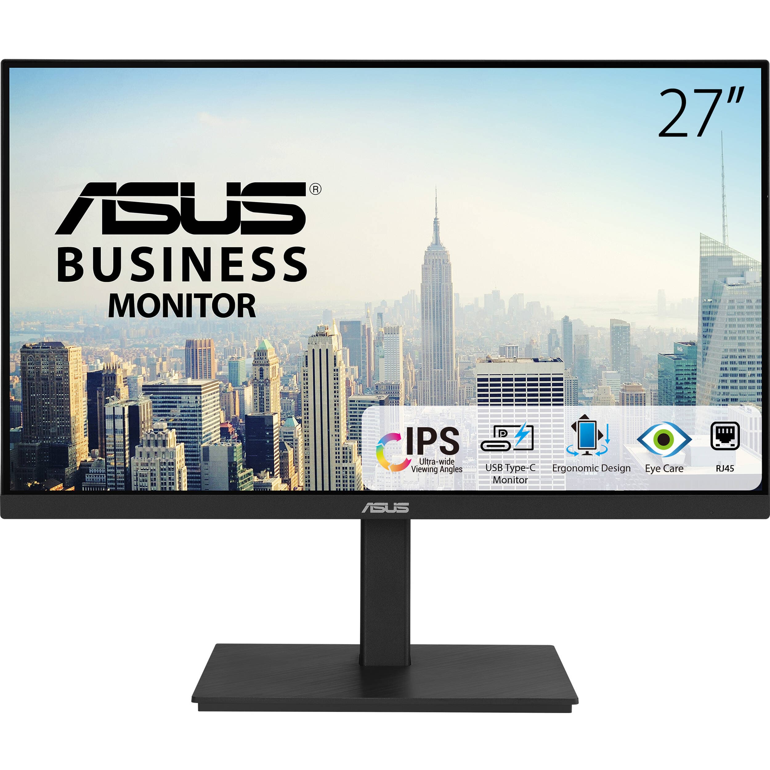 ASUS VA27ECPSN 27-inch Full HD IPS docking monitor with USB-C, RJ45, DisplayPort, HDMI, and height-adjustable stand
